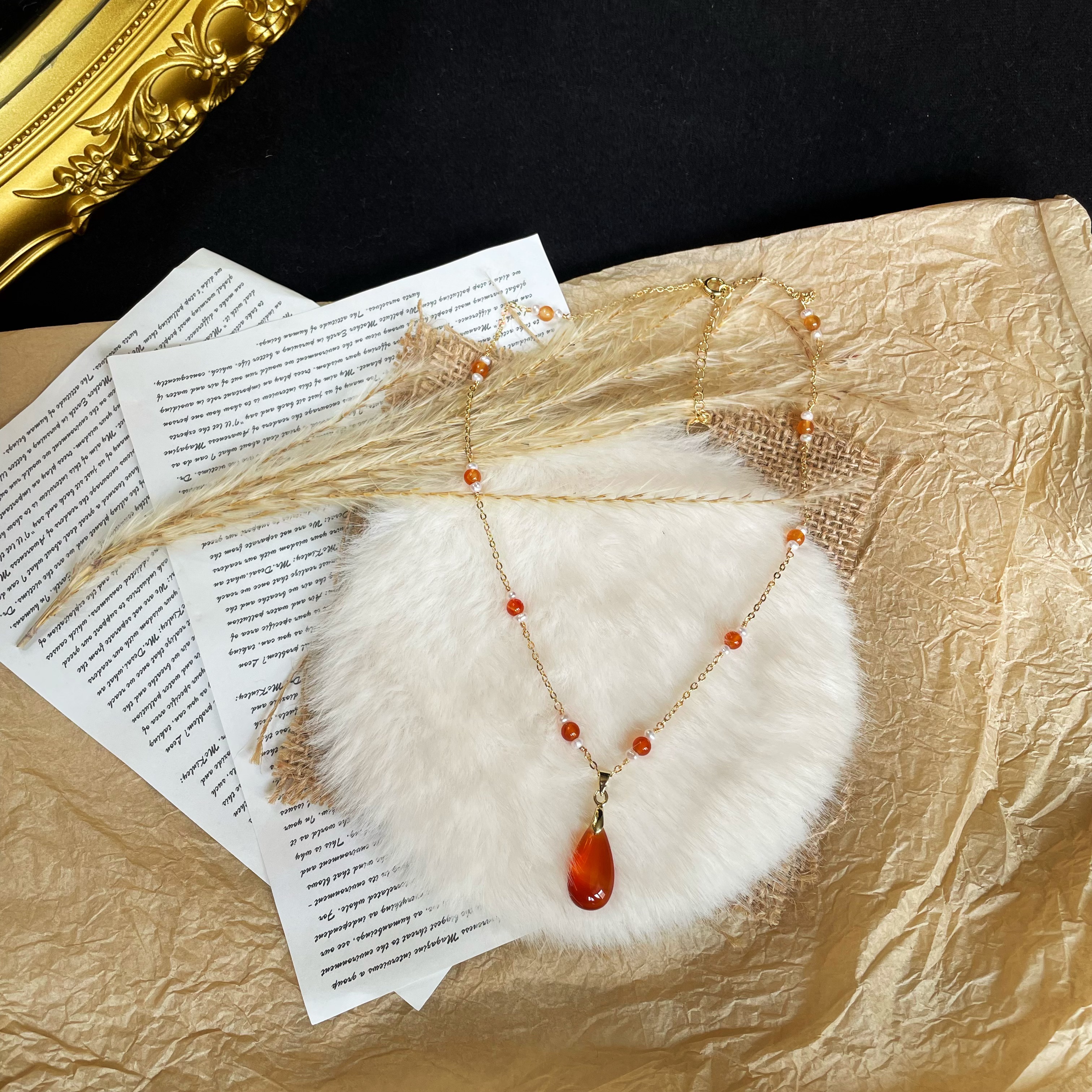 Handmade Dainty Freshwater Pearl and Carnelian Satellite Chain with Carnelian Drop Pendant Necklace 