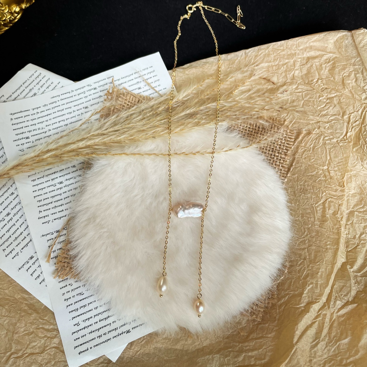 Handmade Asymmetrical Biwa Baroque Pearl with Rice Pearl Dangle Necklace