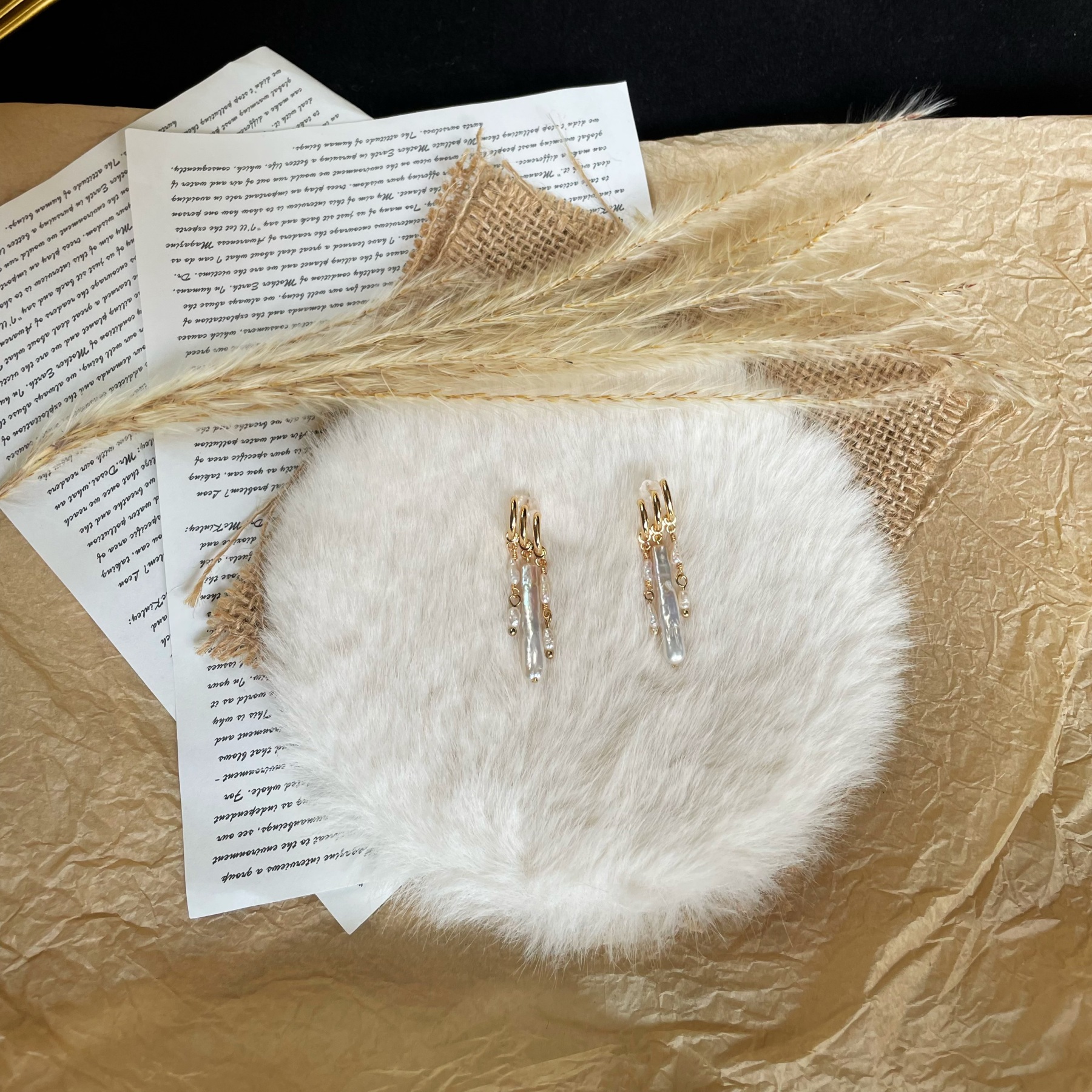 Handmade Gold Huggie Hoops with Baroque Pearls and Keshi Pearls Drop Earrings 