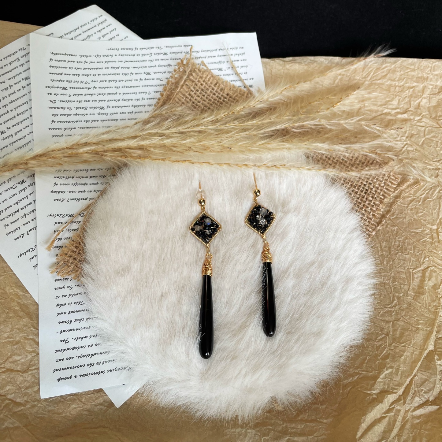 Handmade Wire Wrapped Black Spinel Labradorite and Herkimer Diamond with Black Onyx Drop Earrings 