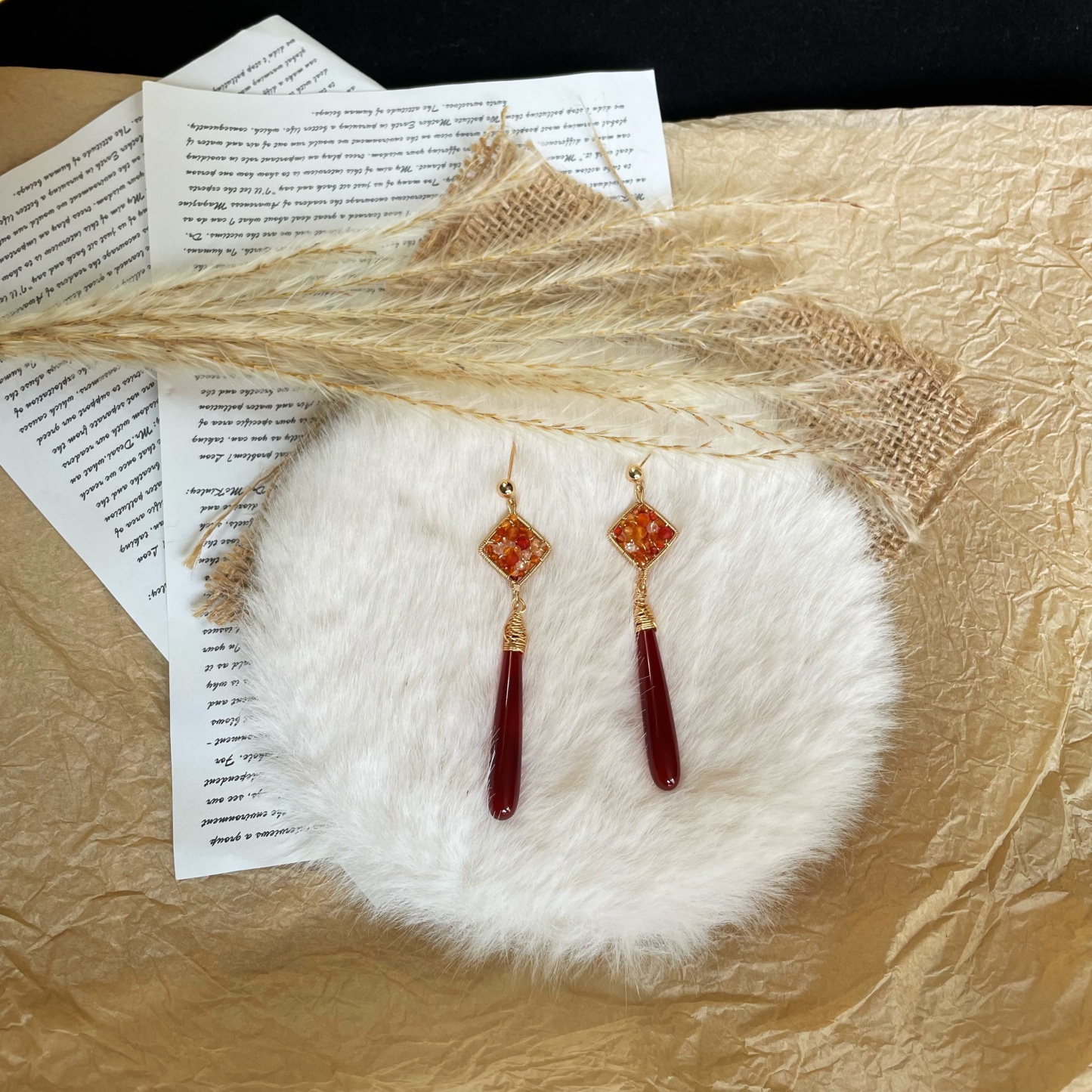 Handmade Wire Wrapped Agate and Herkimer Diamond with Red Agate Drop Earrings 