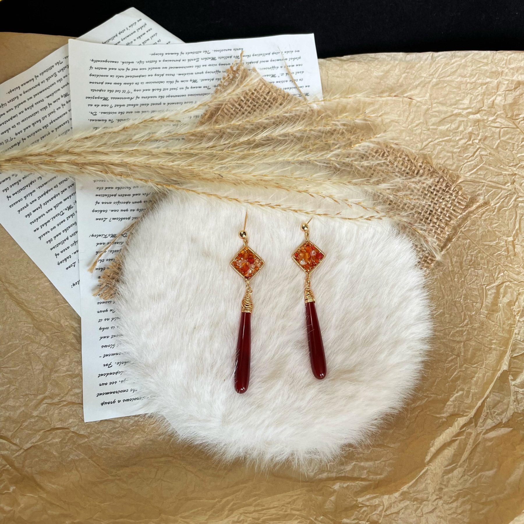 Handmade Wire Wrapped Agate and Herkimer Diamond with Red Agate Drop Earrings 