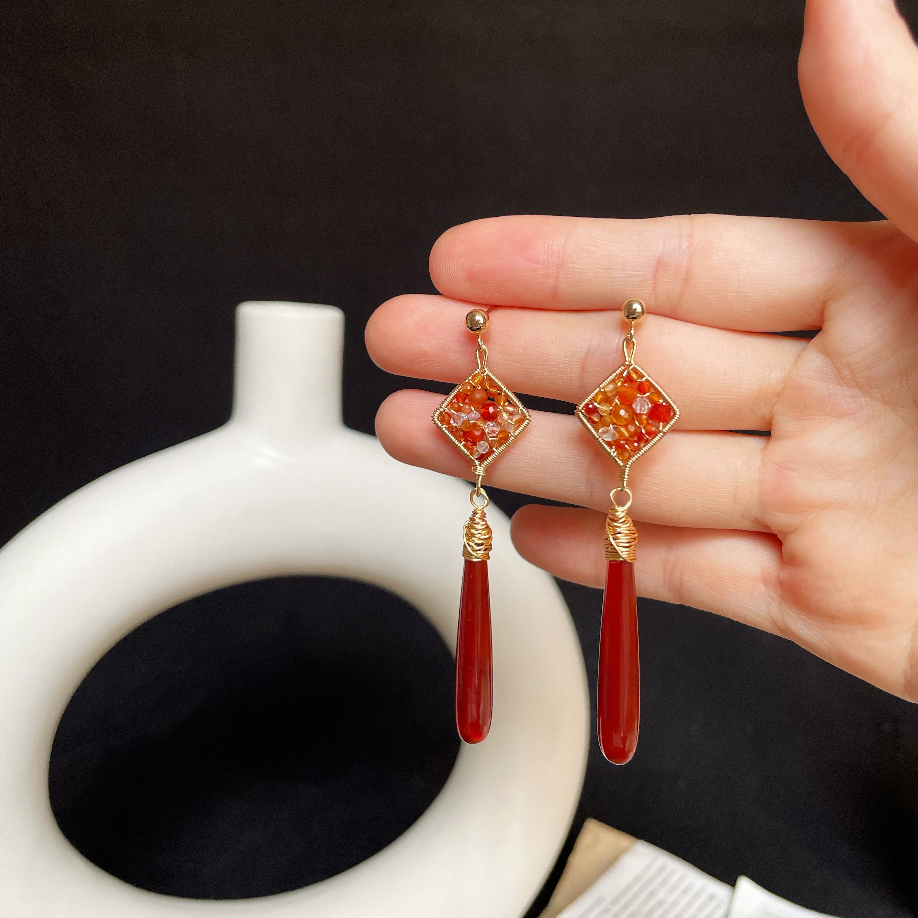 Handmade Wire Wrapped Agate and Herkimer Diamond with Red Agate Drop Earrings 