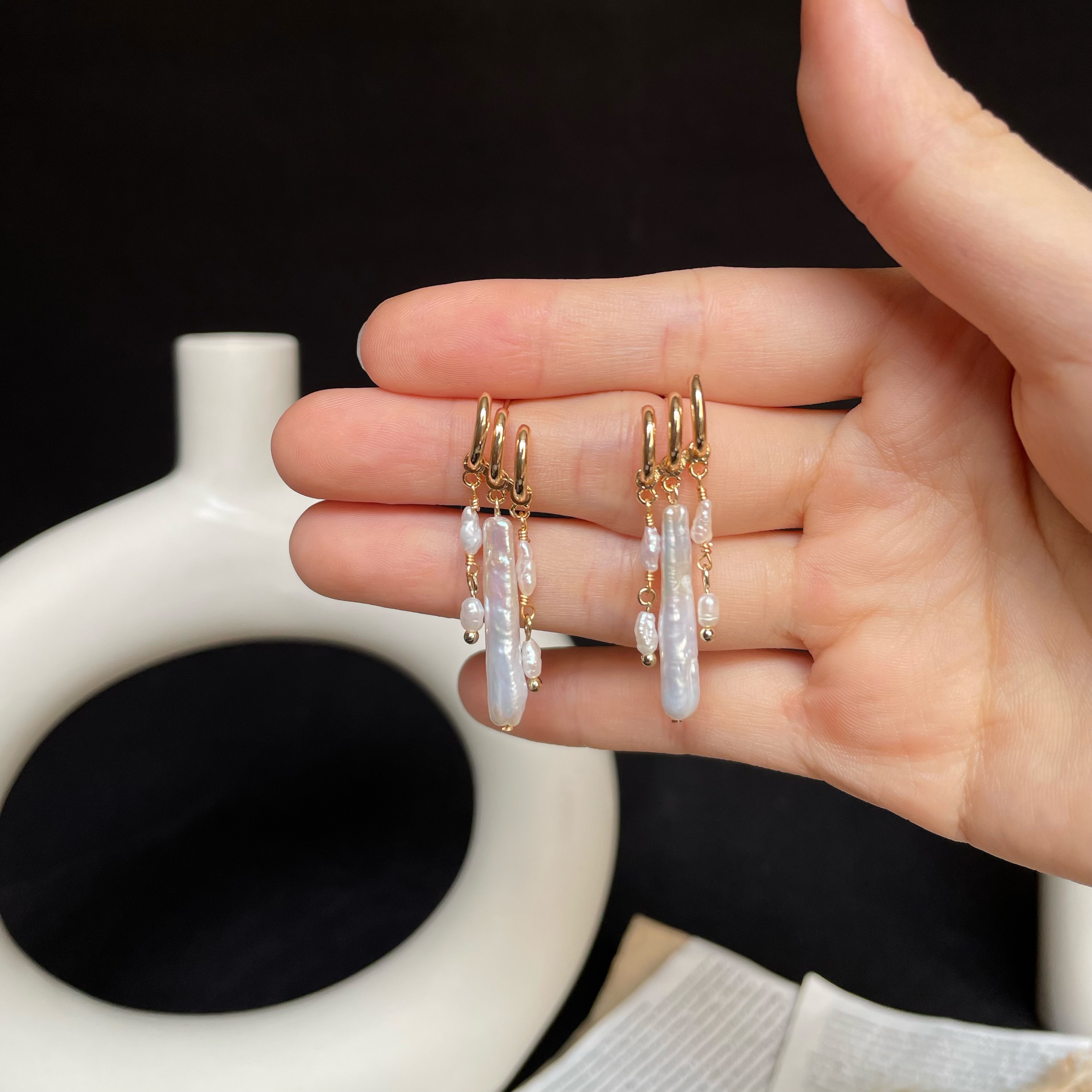 Handmade Gold Huggie Hoops with Baroque Pearls and Keshi Pearls Drop Earrings 