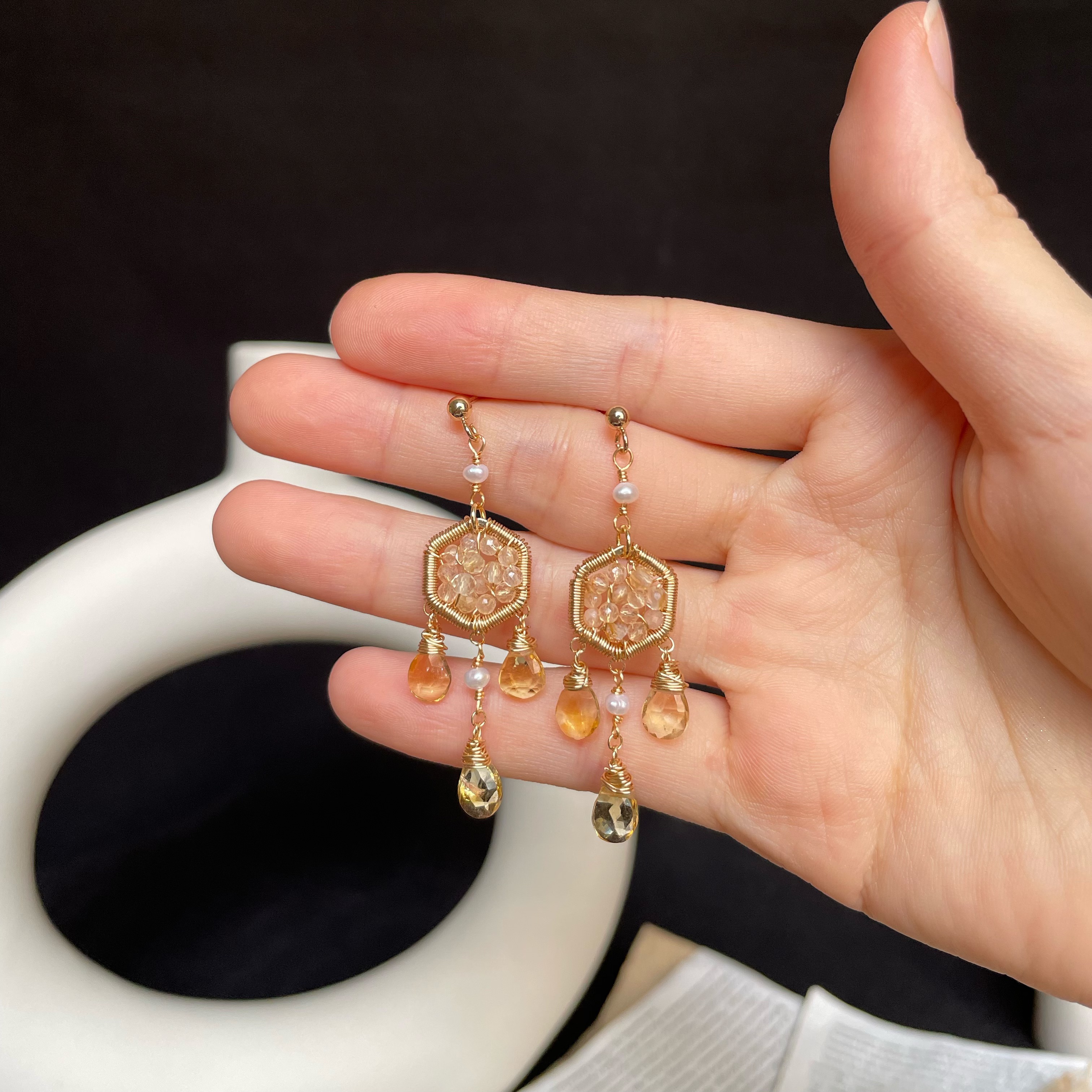 Handmade wire wrapped Citrine Dreamcatcher Earrings with Teardrop Gem Dangles