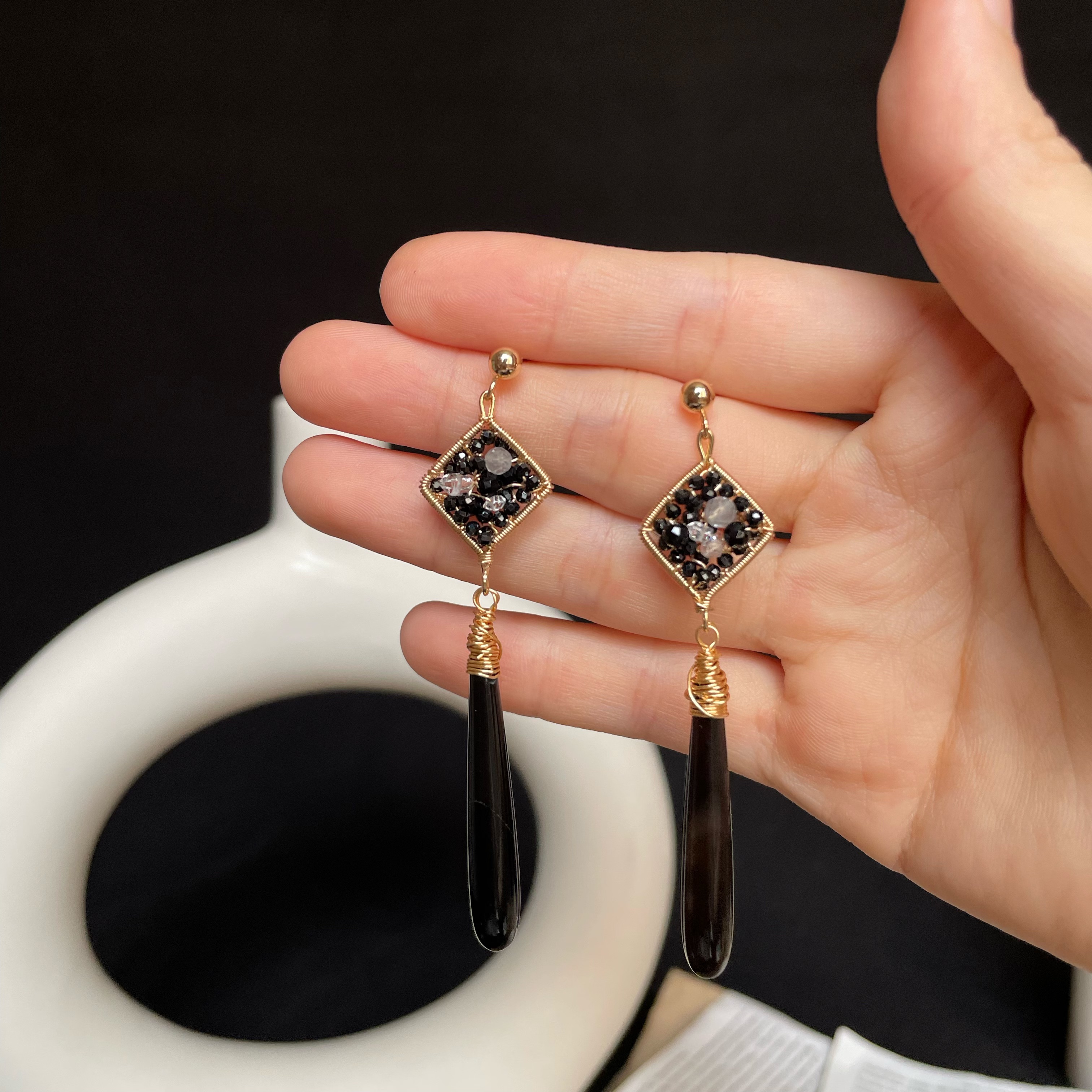 Handmade Wire Wrapped Black Spinel Labradorite and Herkimer Diamond with Black Onyx Drop Earrings 