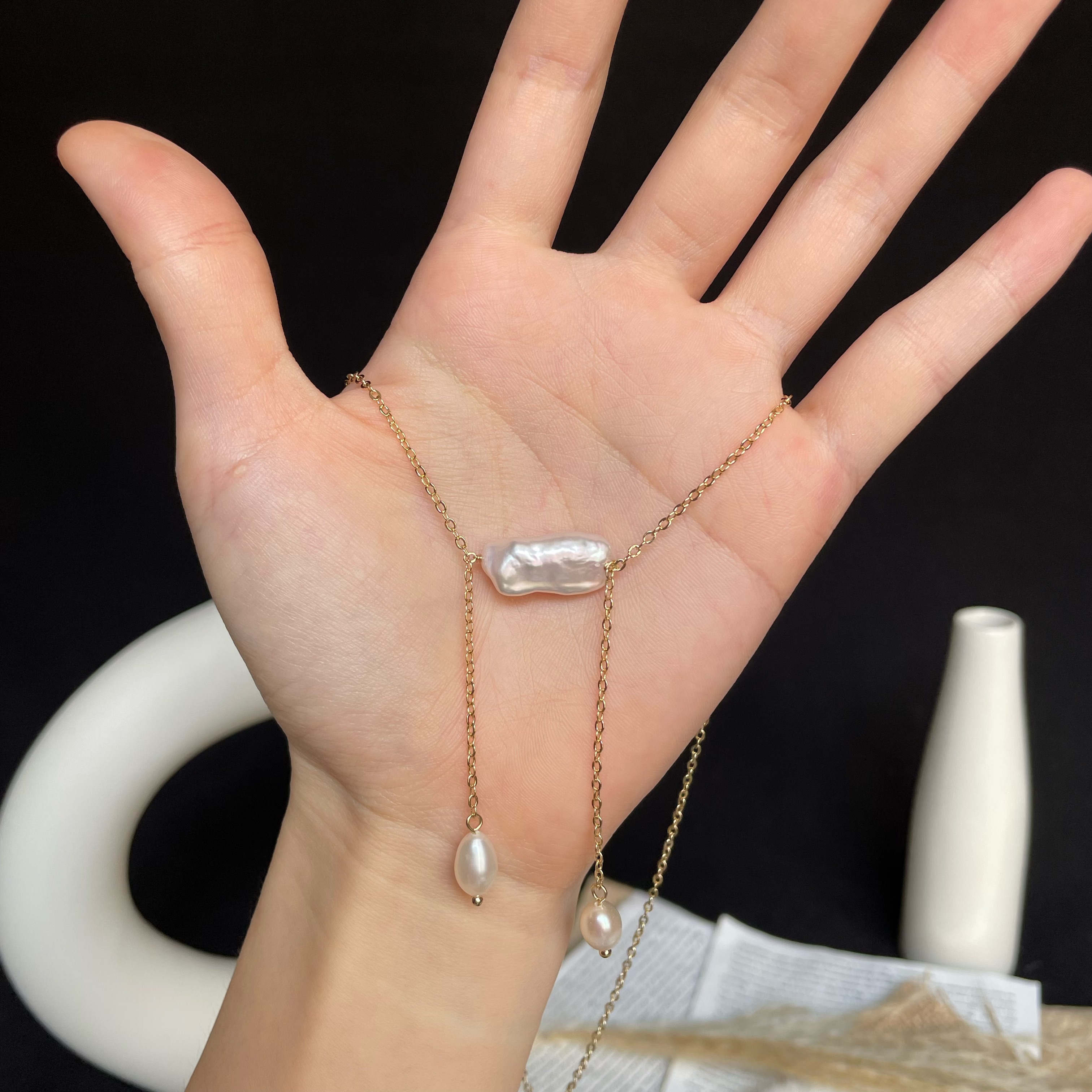 Handmade Asymmetrical Biwa Baroque Pearl with Rice Pearl Dangle Necklace