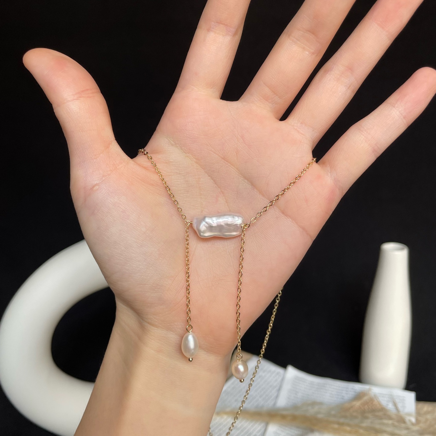 Handmade Asymmetrical Biwa Baroque Pearl with Rice Pearl Dangle Necklace