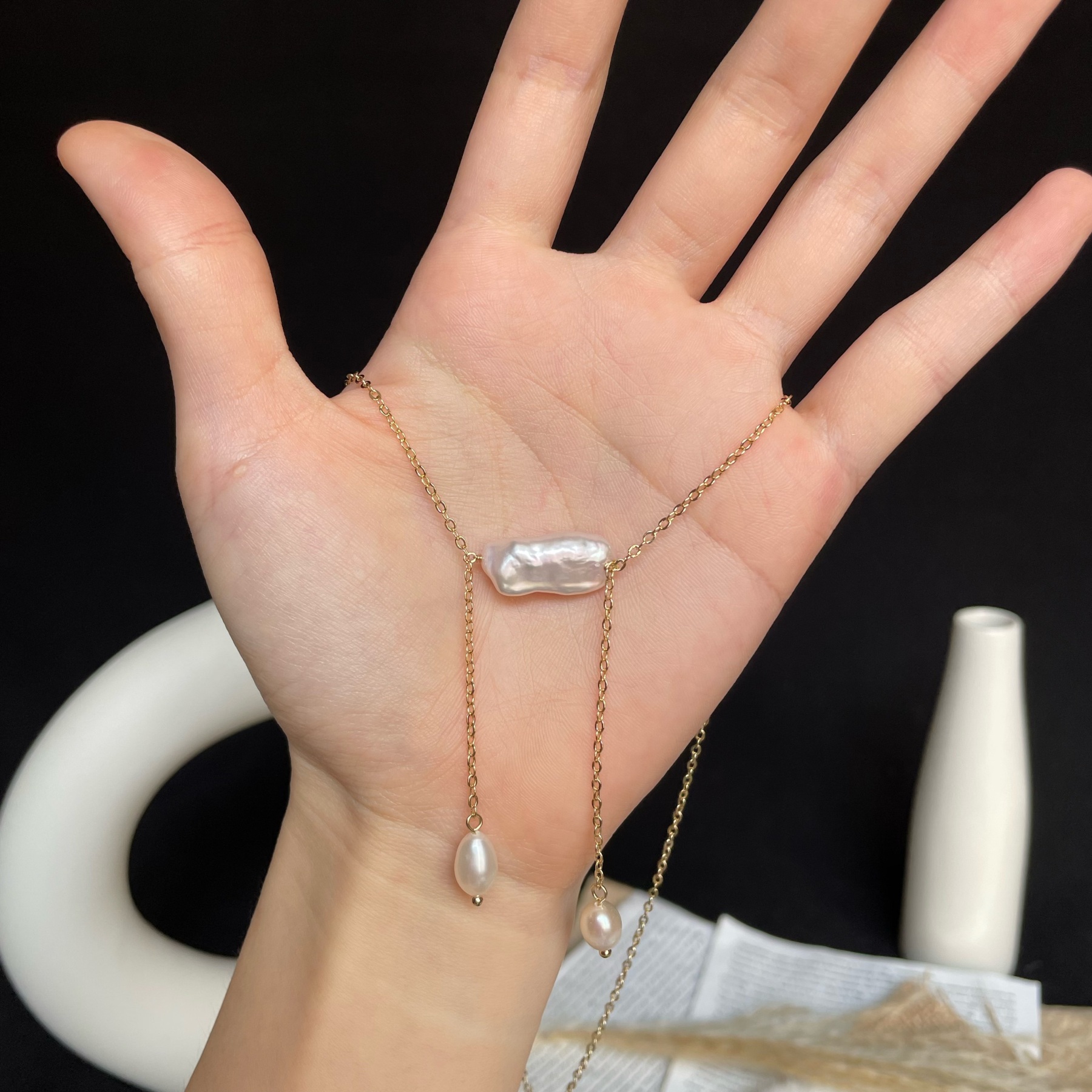 Handmade Asymmetrical Biwa Baroque Pearl with Rice Pearl Dangle Necklace