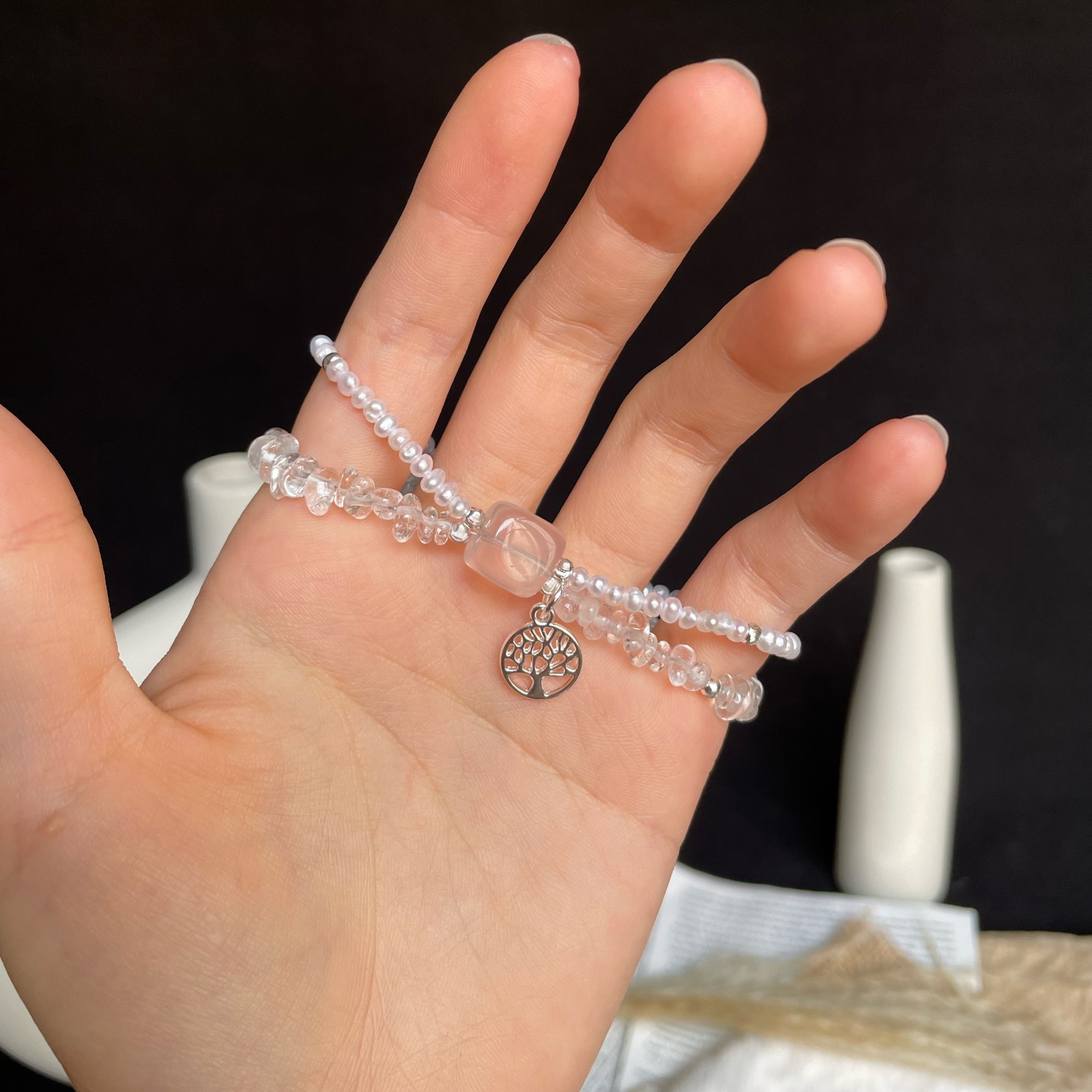 Handmade Clear Quartz and Pearl Double Layer Bracelet with a Rose Quartz Cube Centre and Tree of Life Charm