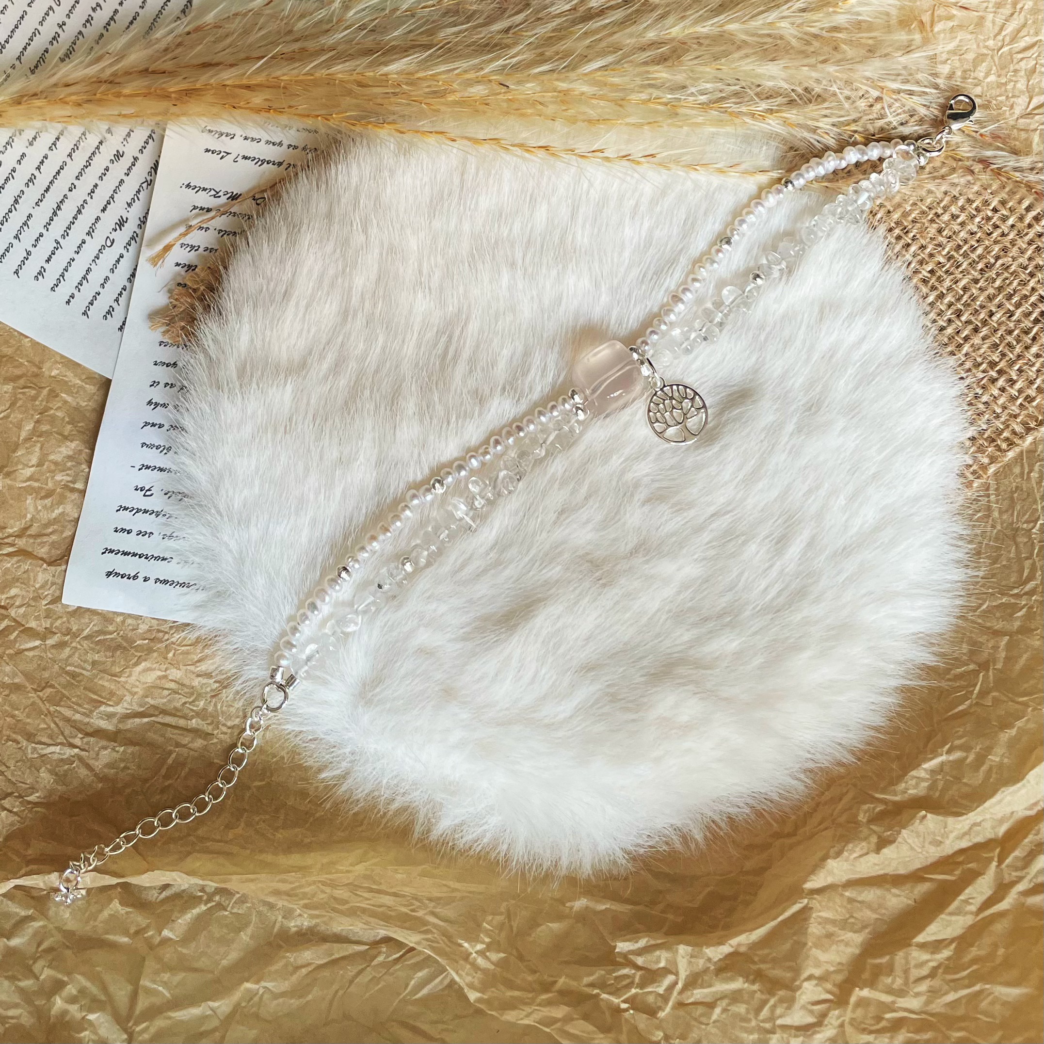 Handmade Clear Quartz and Pearl Double Layer Bracelet with a Rose Quartz Cube Centre and Tree of Life Charm