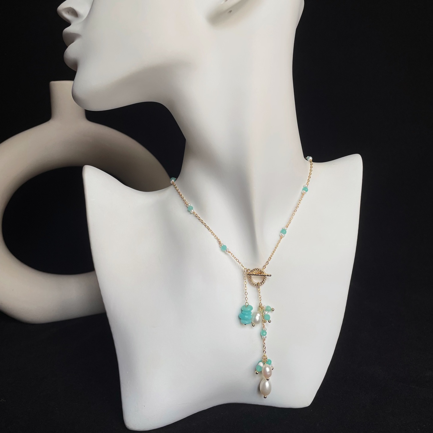 Handmade Y-Lariat Amazonite and Freshwater Pearl Necklace