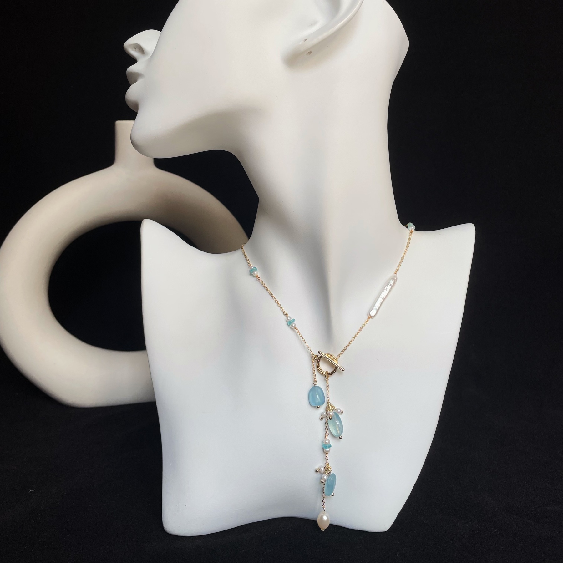 Handmade Y-Lariat Blue Apatite and Pearl Starry Sky Necklace with Aquamarine Drop