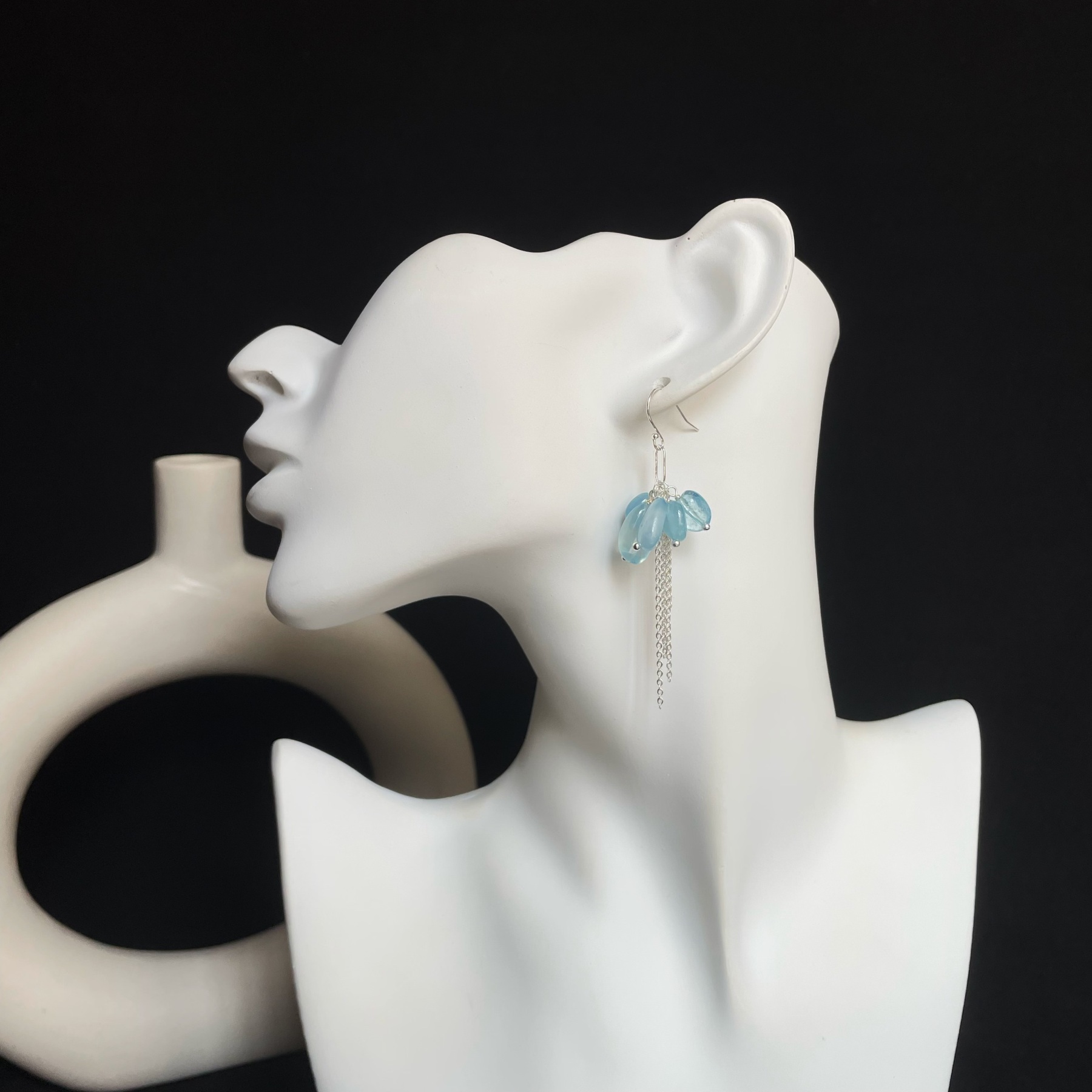 Aquamarine Cluster with Silver Chain Tassel Dangle Earrings Ocean-Inspired Design