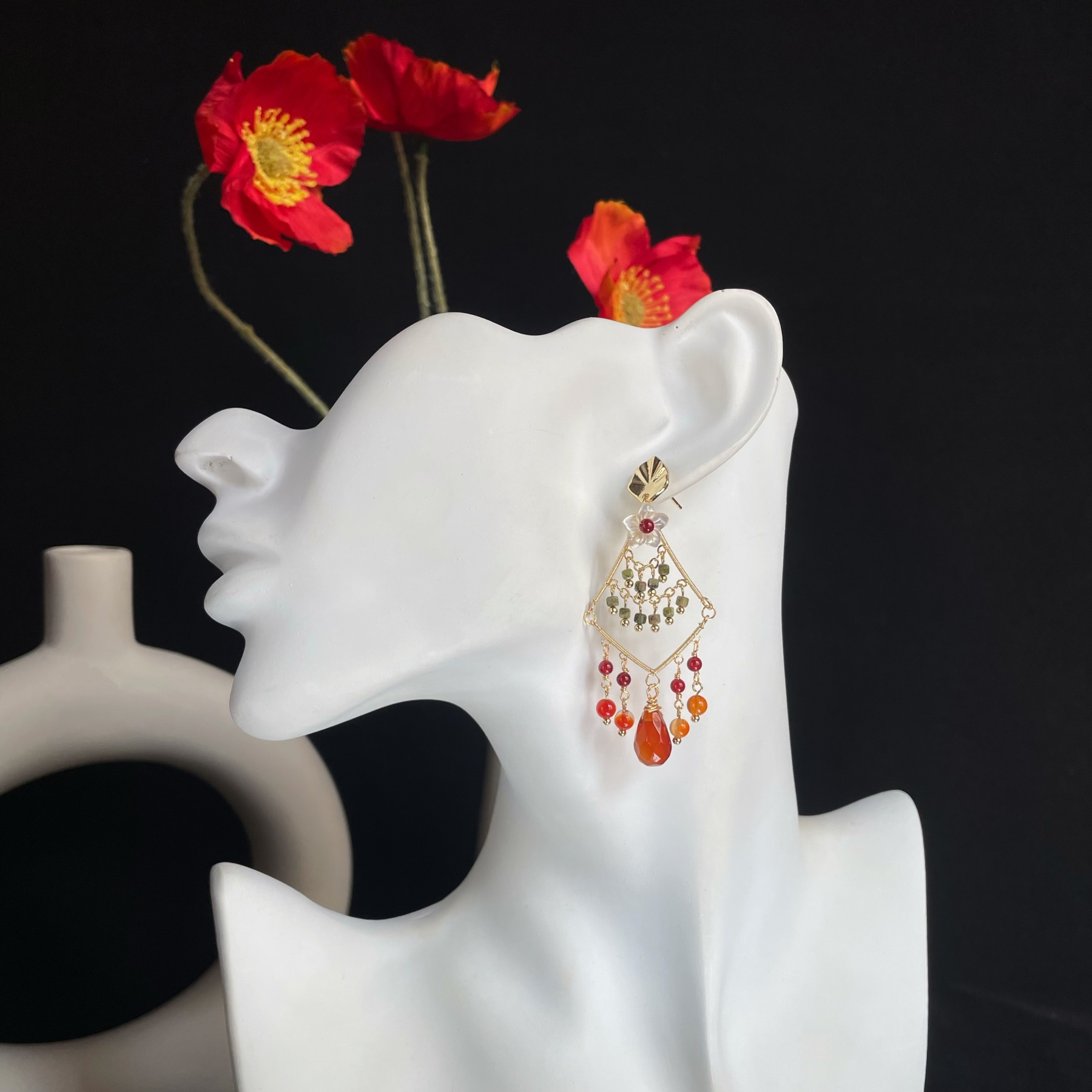 Tropical Dangle Earrings Shell Flower with Red Agate Core Unakite and Red Agate Drops