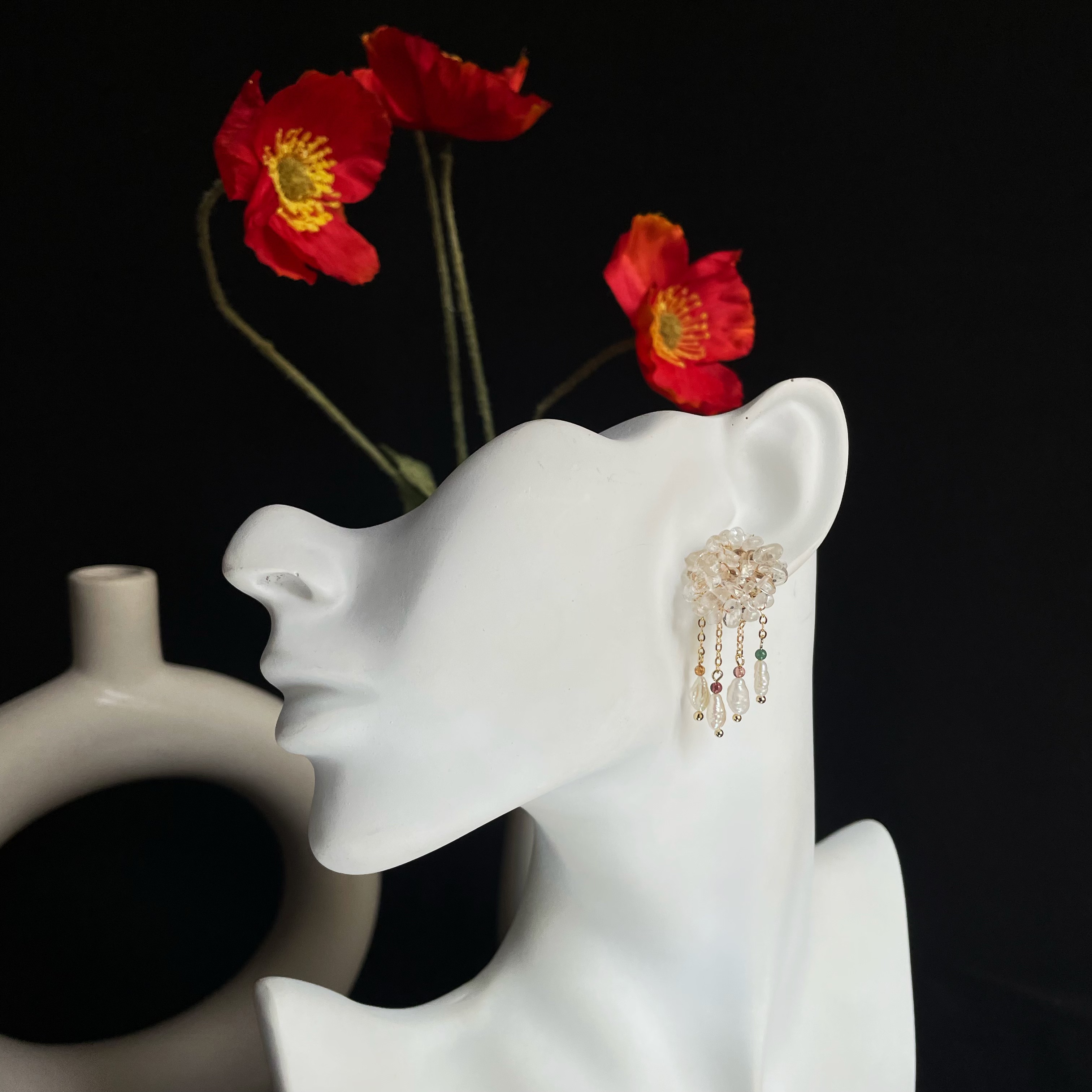 Handmade Misty Rain Earrings Clear Quartz Disc with Keshi Pearls and Tourmaline Dangles