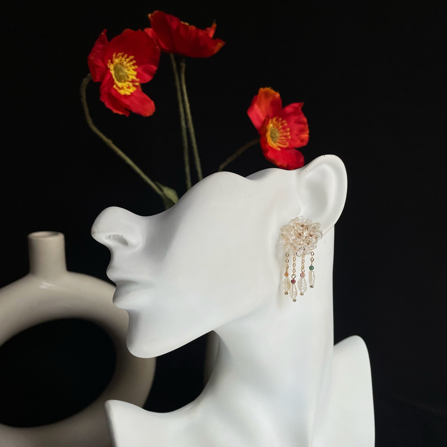 Handmade Misty Rain Earrings Clear Quartz Disc with Keshi Pearls and Tourmaline Dangles