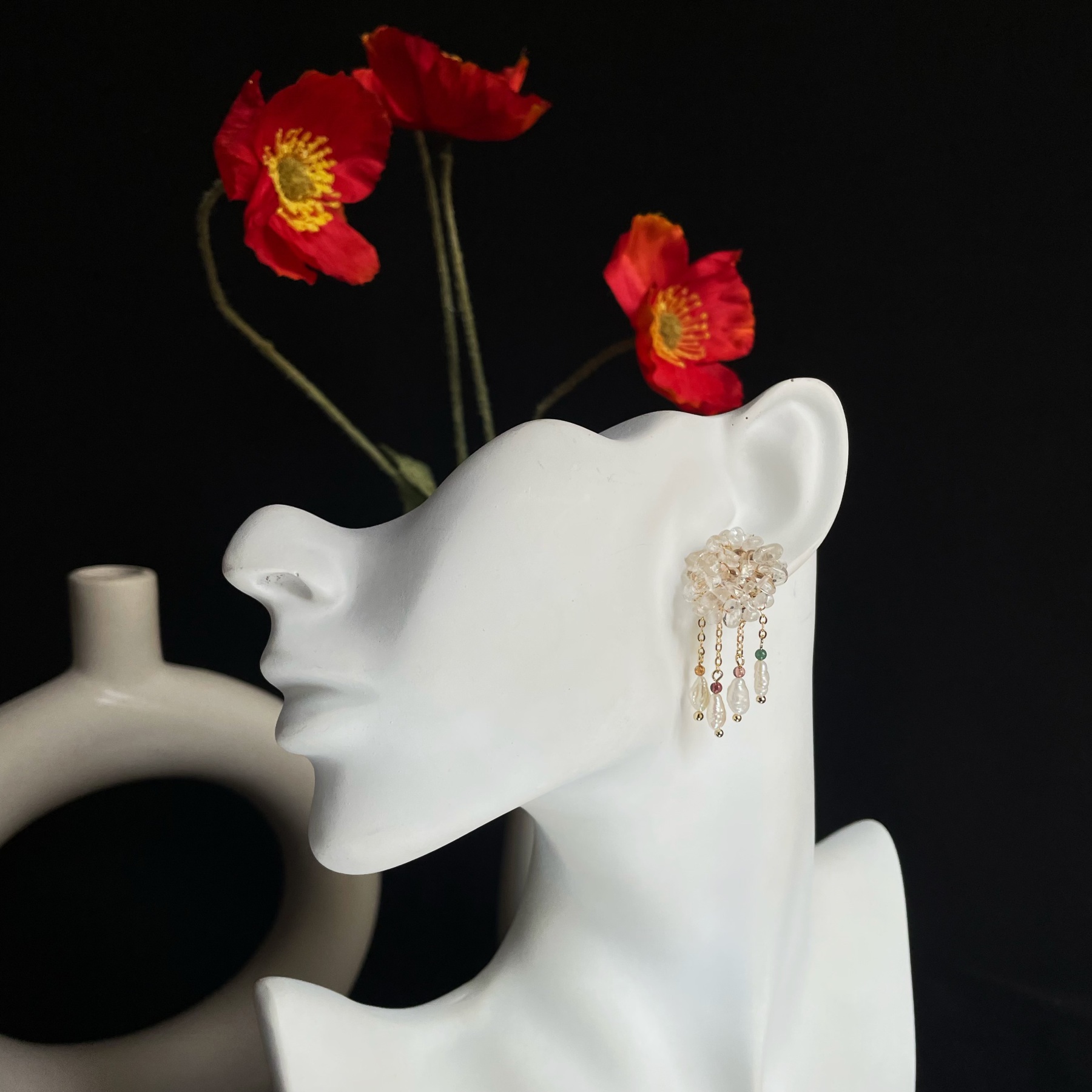 Handmade Misty Rain Earrings Clear Quartz Disc with Keshi Pearls and Tourmaline Dangles