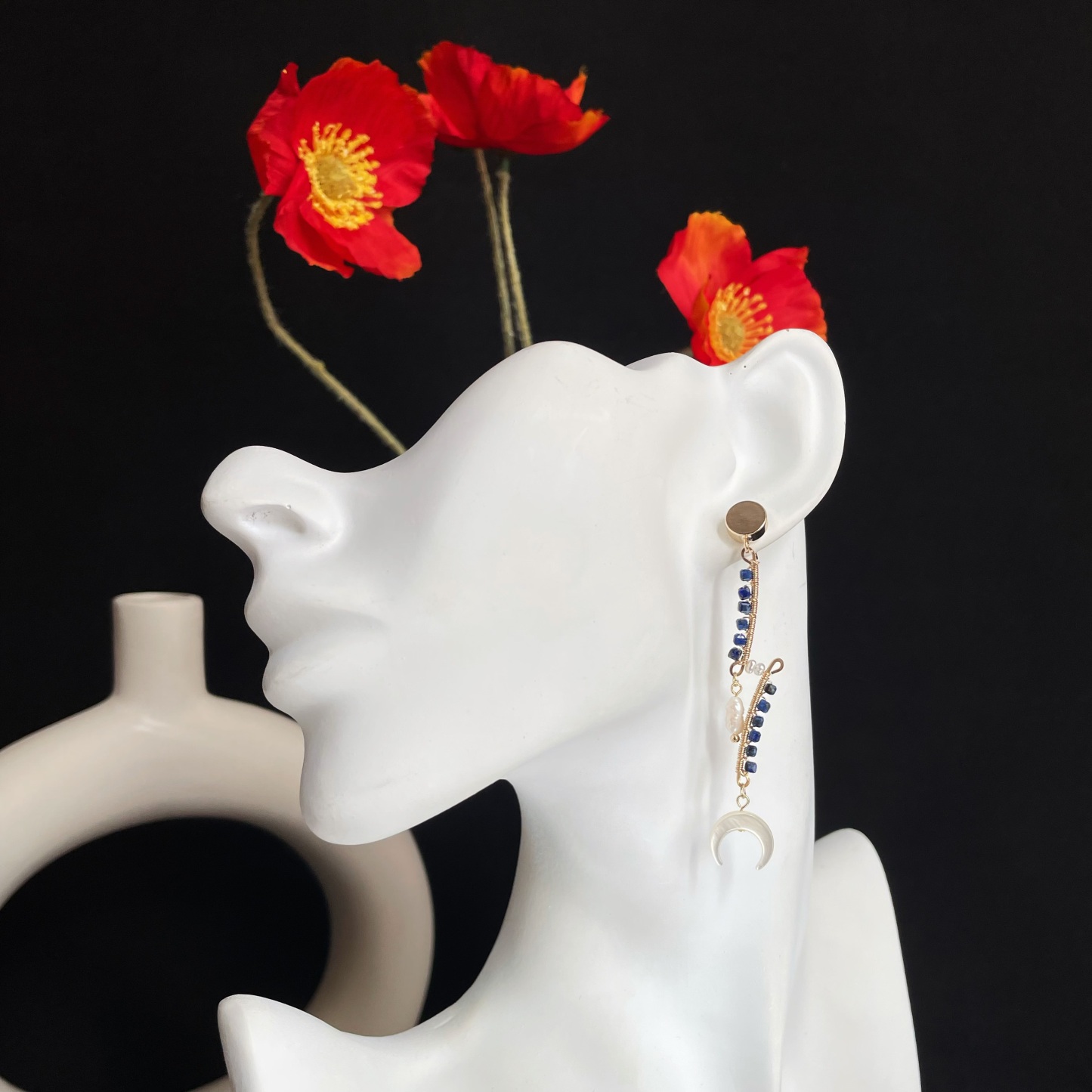 Lapis Lazuli with Pearl and Crescent Moon Dangle Earrings