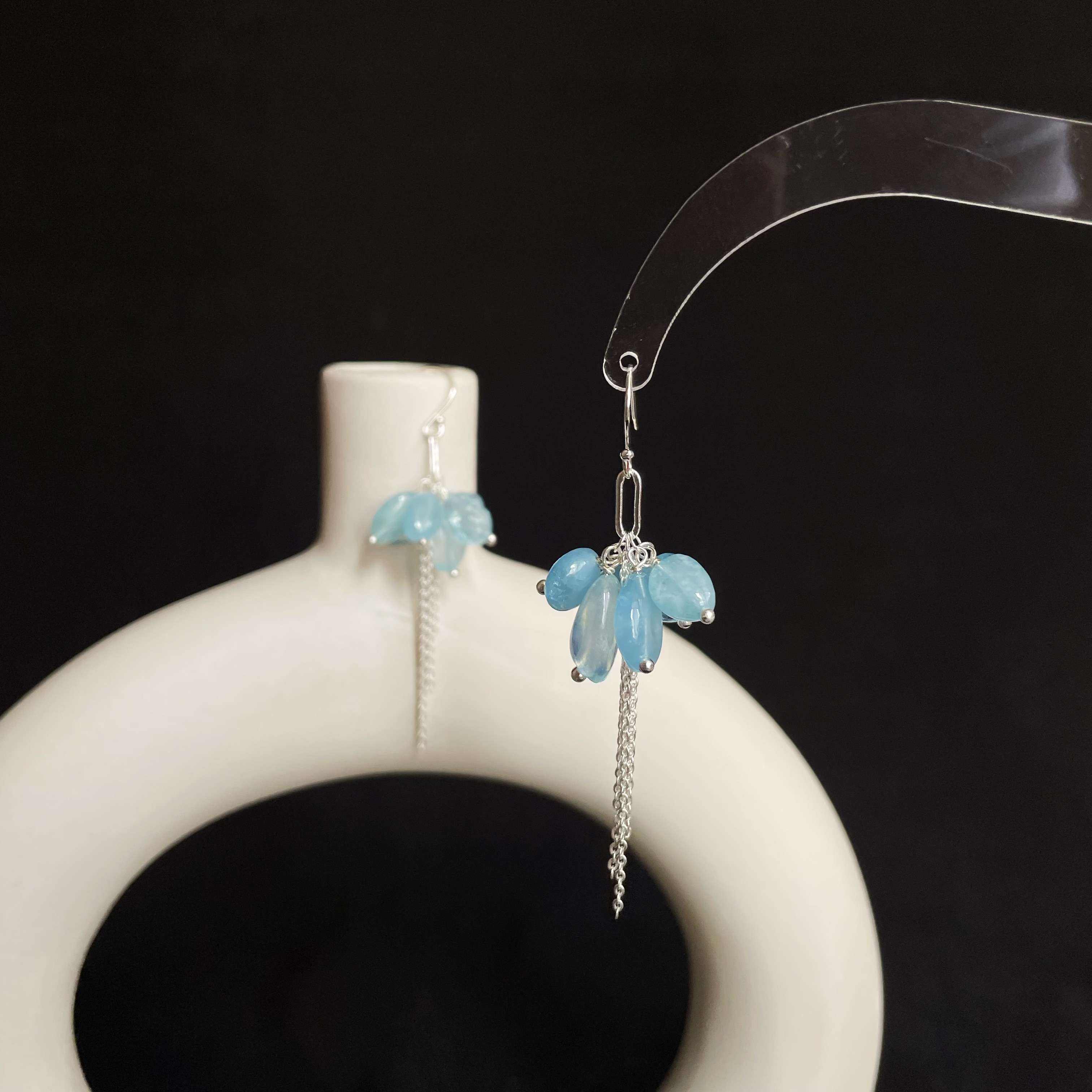 Aquamarine Cluster with Silver Chain Tassel Dangle Earrings Ocean-Inspired Design