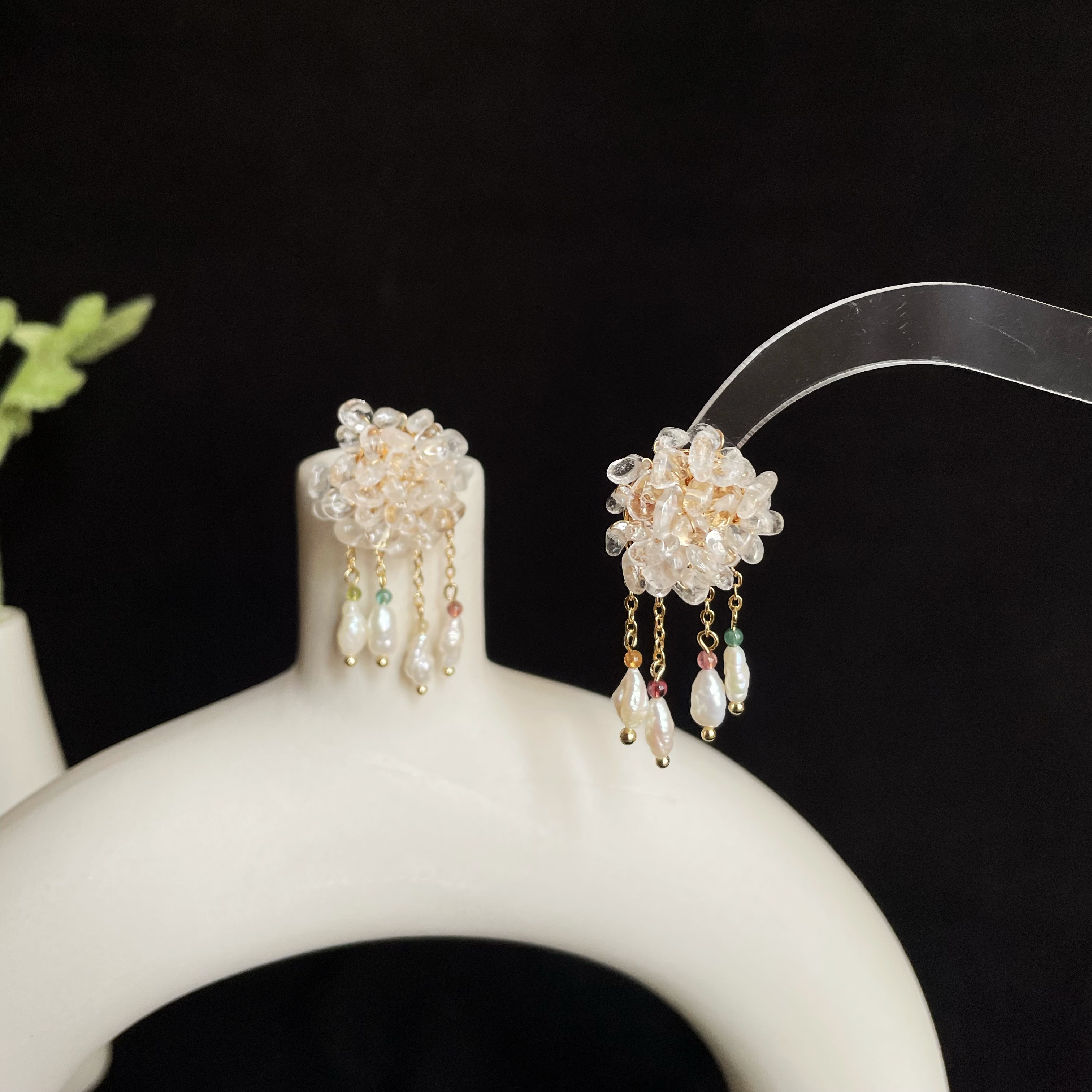 Handmade Misty Rain Earrings Clear Quartz Disc with Keshi Pearls and Tourmaline Dangles