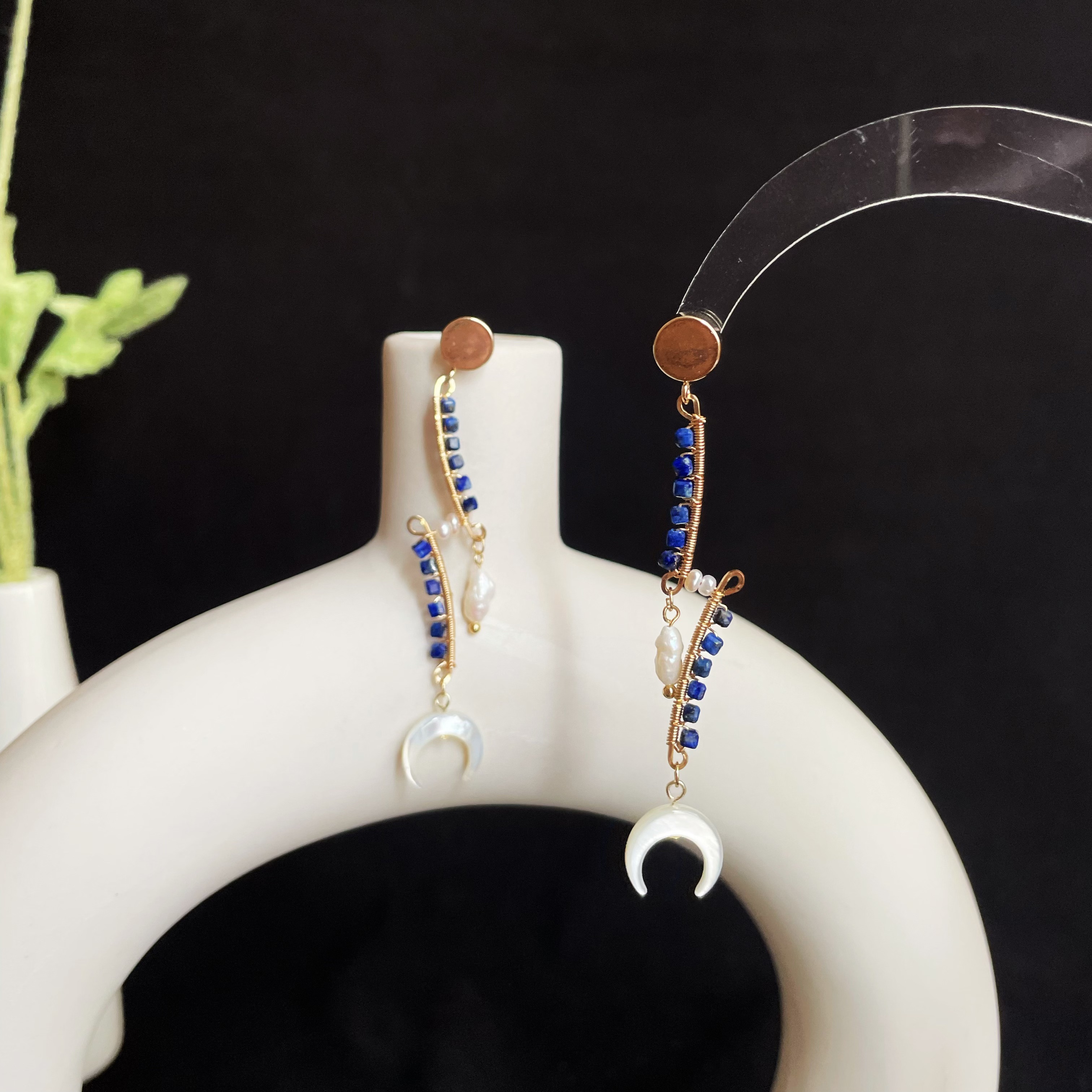 Lapis Lazuli with Pearl and Crescent Moon Dangle Earrings