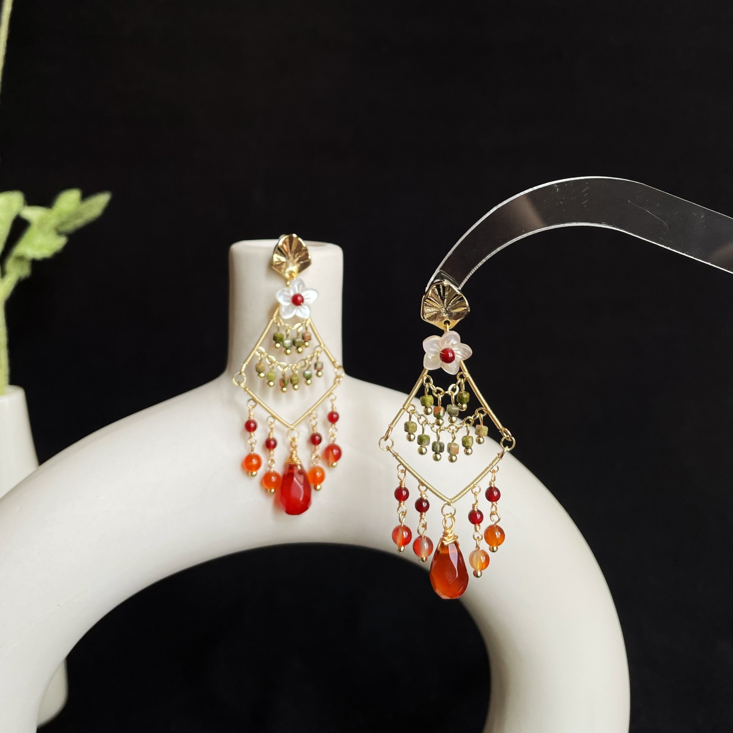 Tropical Dangle Earrings Shell Flower with Red Agate Core Unakite and Red Agate Drops