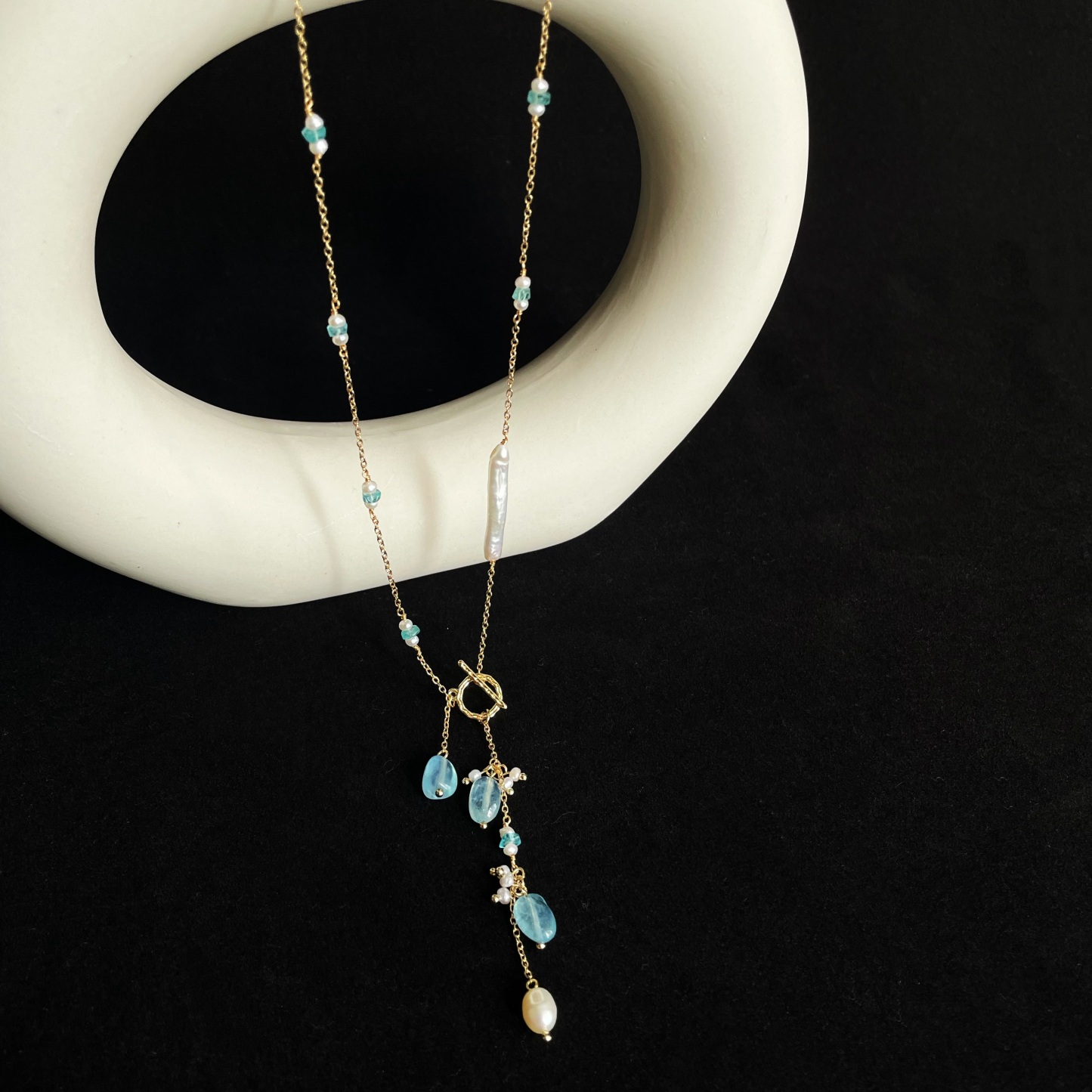 Handmade Y-Lariat Blue Apatite and Pearl Starry Sky Necklace with Aquamarine Drop