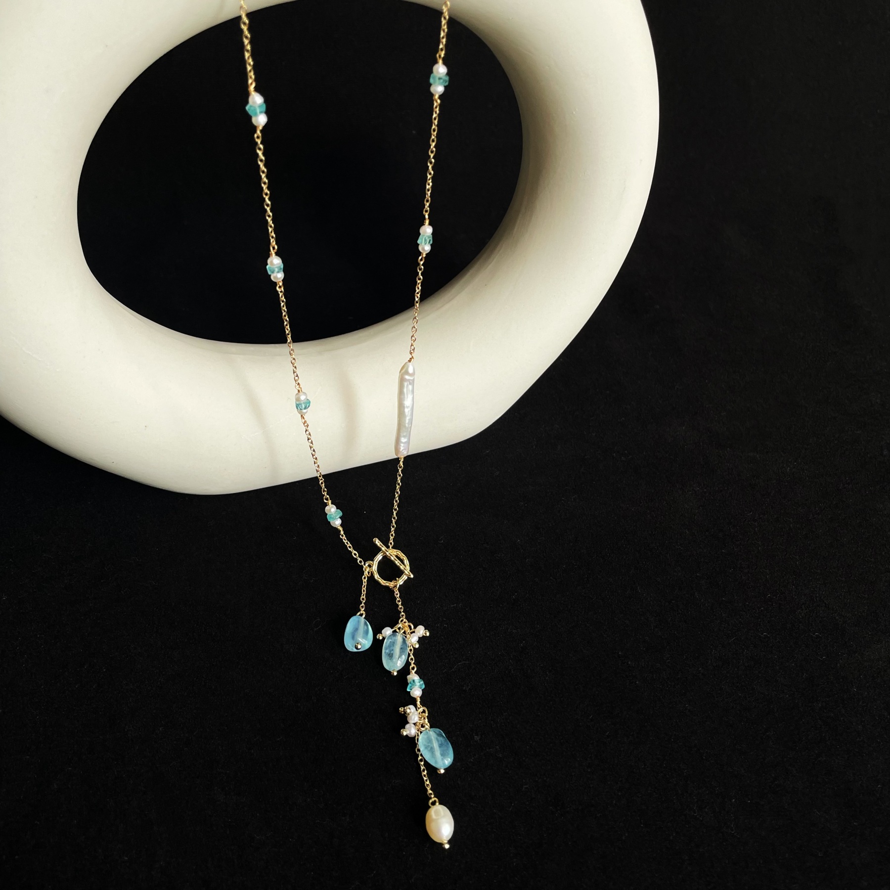 Handmade Y-Lariat Blue Apatite and Pearl Starry Sky Necklace with Aquamarine Drop