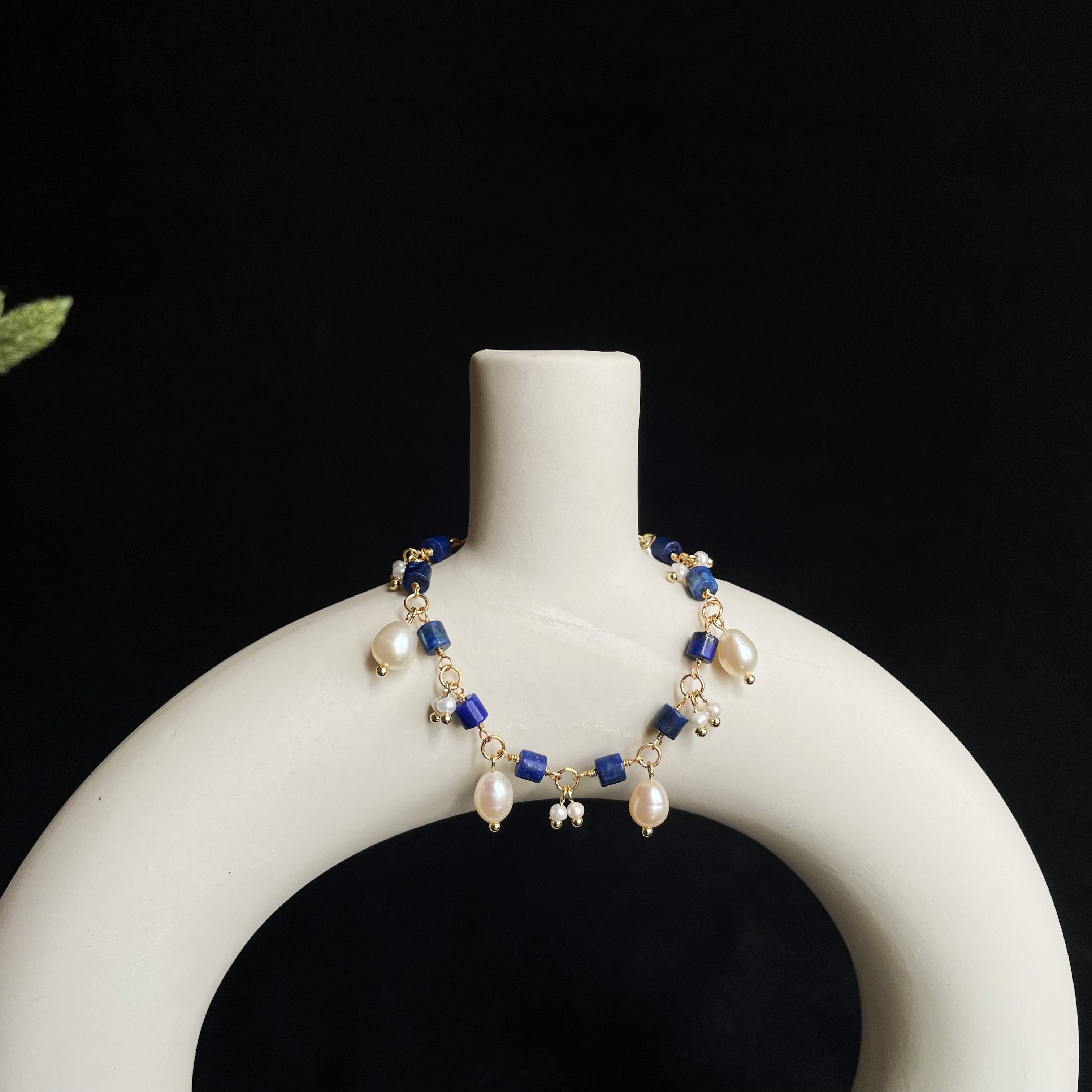 Handmade Lapis Lazuli and Freshwater Pearl Dangles Bracelet Dainty Statement Jewelry