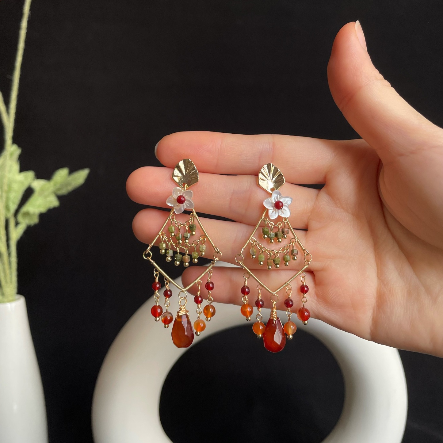 Tropical Dangle Earrings Shell Flower with Red Agate Core Unakite and Red Agate Drops