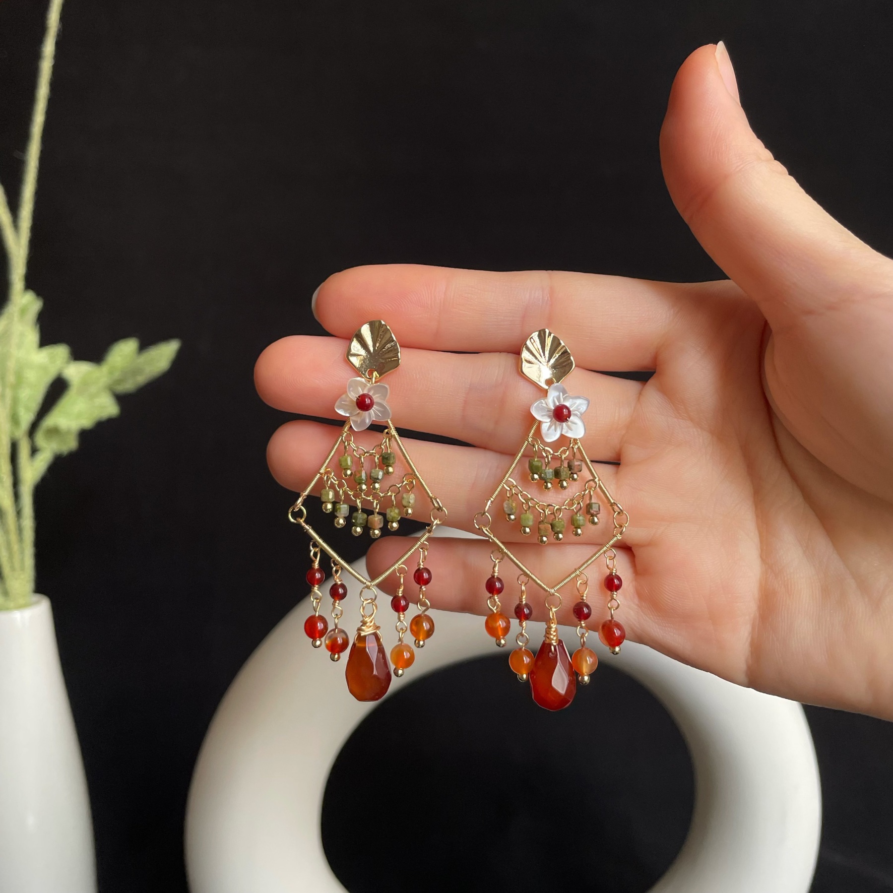 Tropical Dangle Earrings Shell Flower with Red Agate Core Unakite and Red Agate Drops