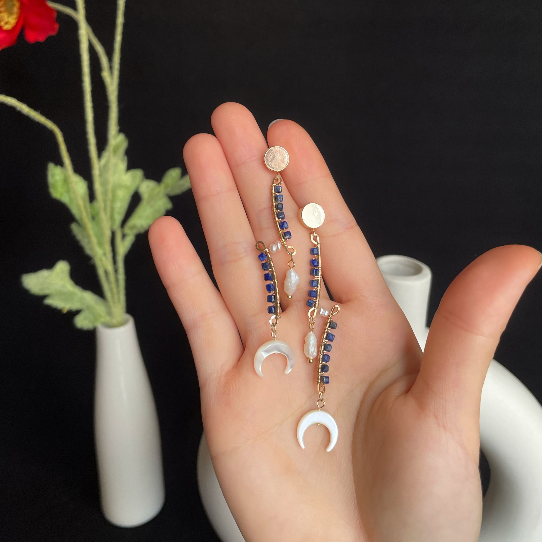 Lapis Lazuli with Pearl and Crescent Moon Dangle Earrings