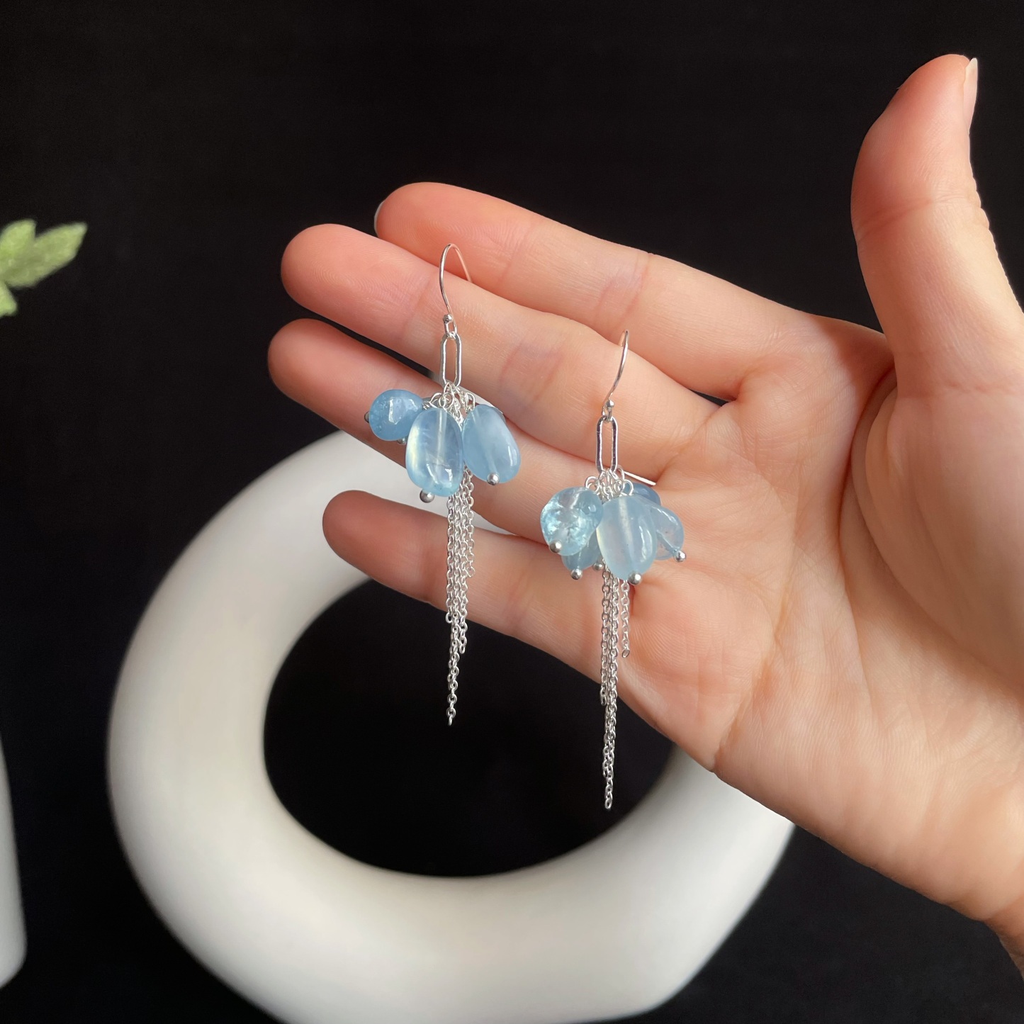 Aquamarine Cluster with Silver Chain Tassel Dangle Earrings Ocean-Inspired Design