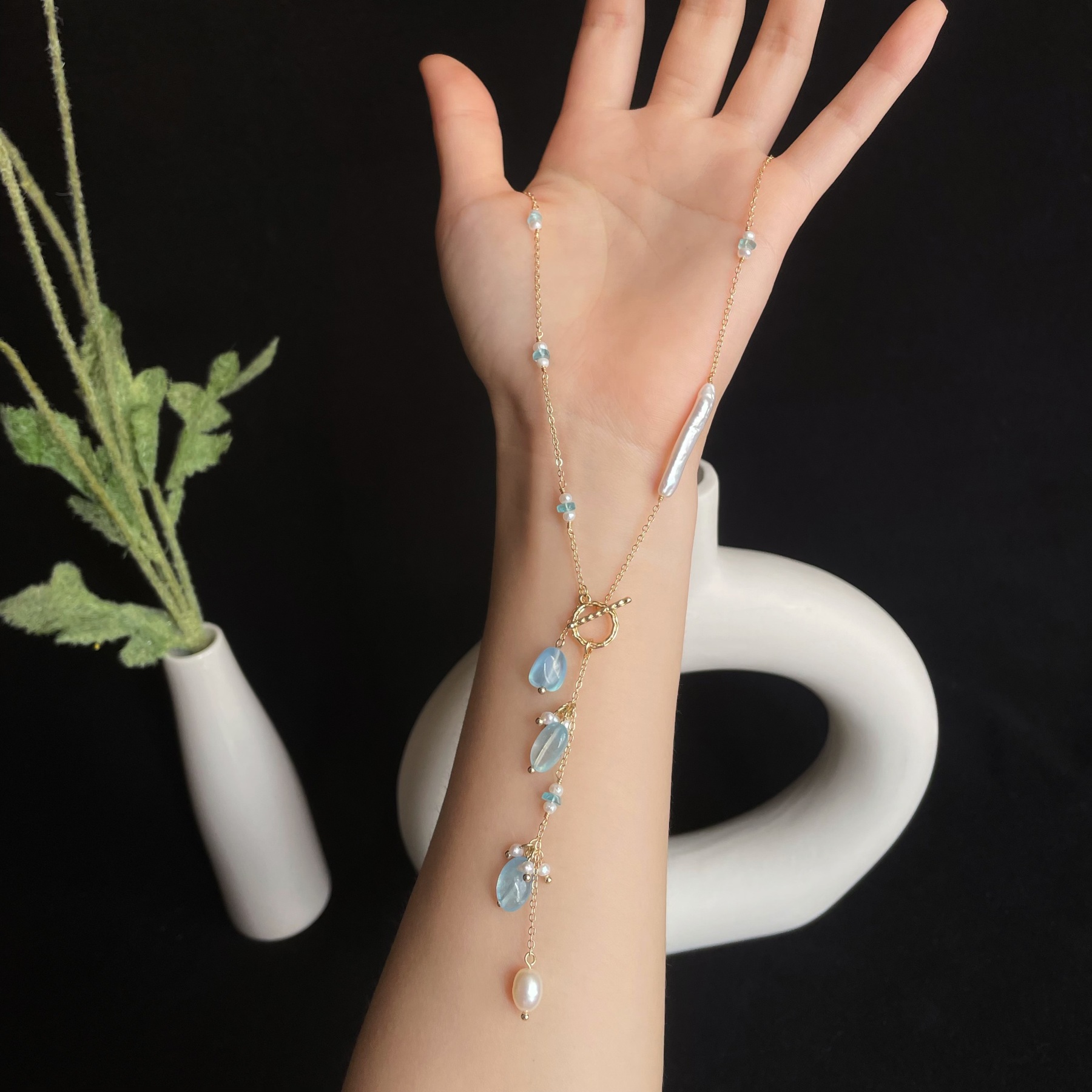 Handmade Y-Lariat Blue Apatite and Pearl Starry Sky Necklace with Aquamarine Drop