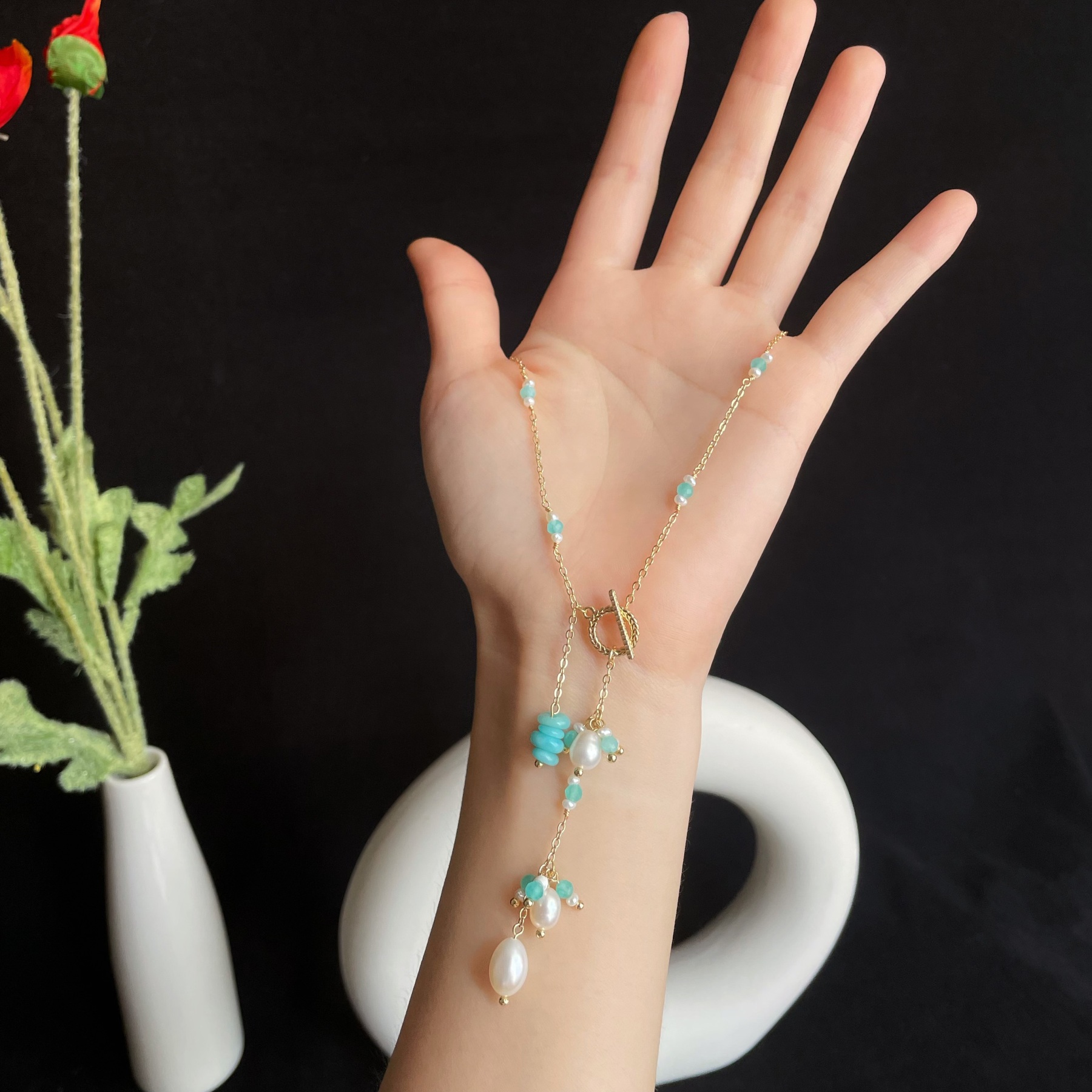 Handmade Y-Lariat Amazonite and Freshwater Pearl Necklace