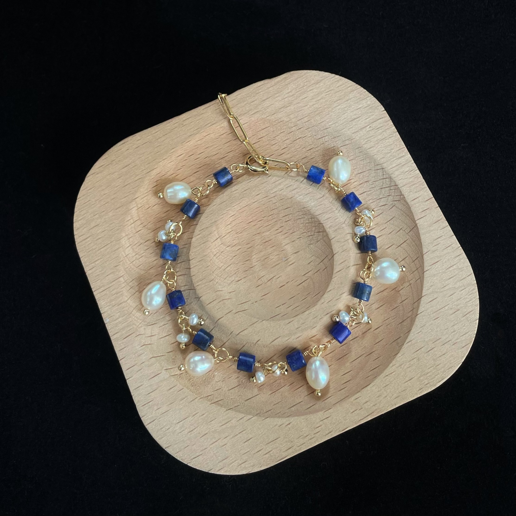 Handmade Lapis Lazuli and Freshwater Pearl Dangles Bracelet Dainty Statement Jewelry