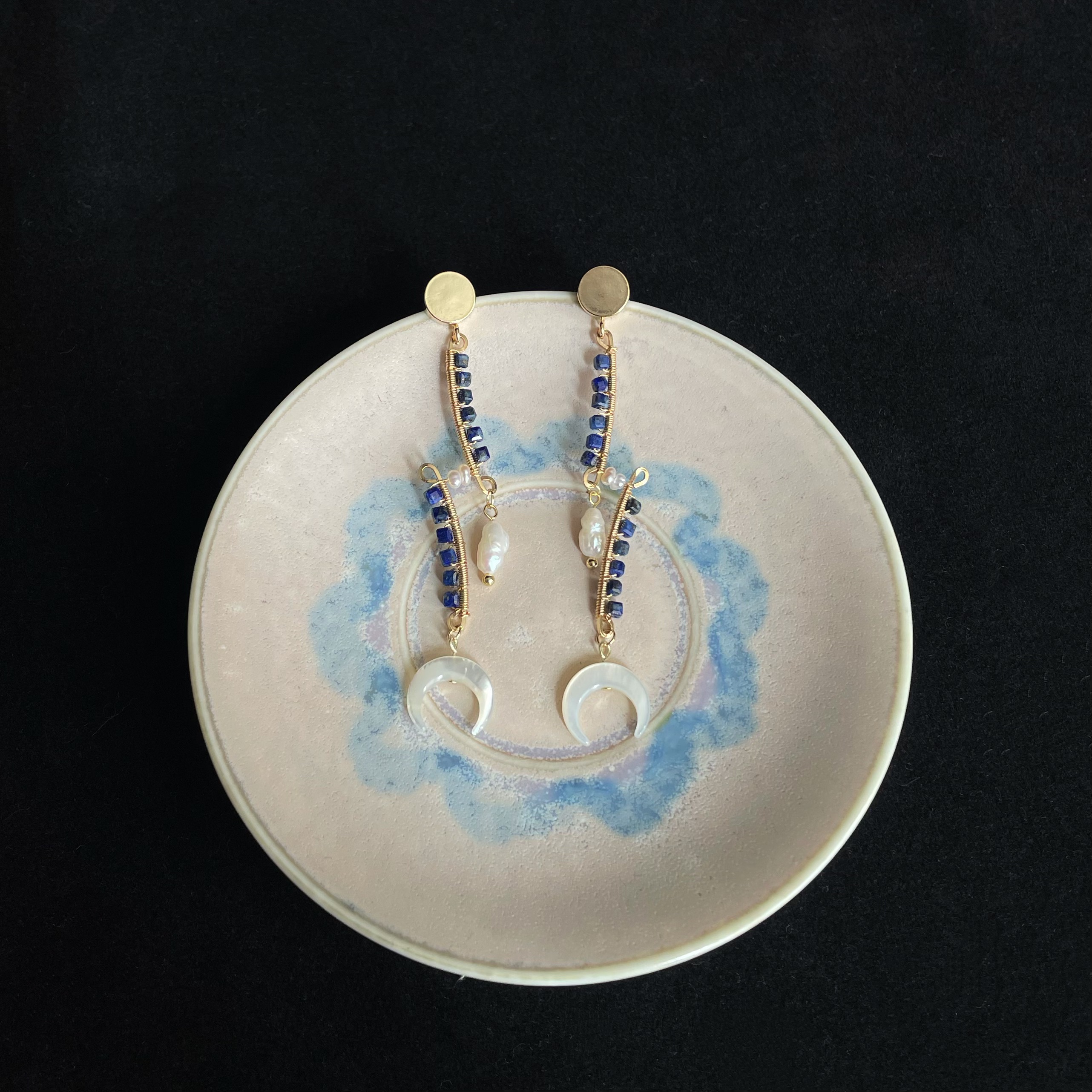 Lapis Lazuli with Pearl and Crescent Moon Dangle Earrings