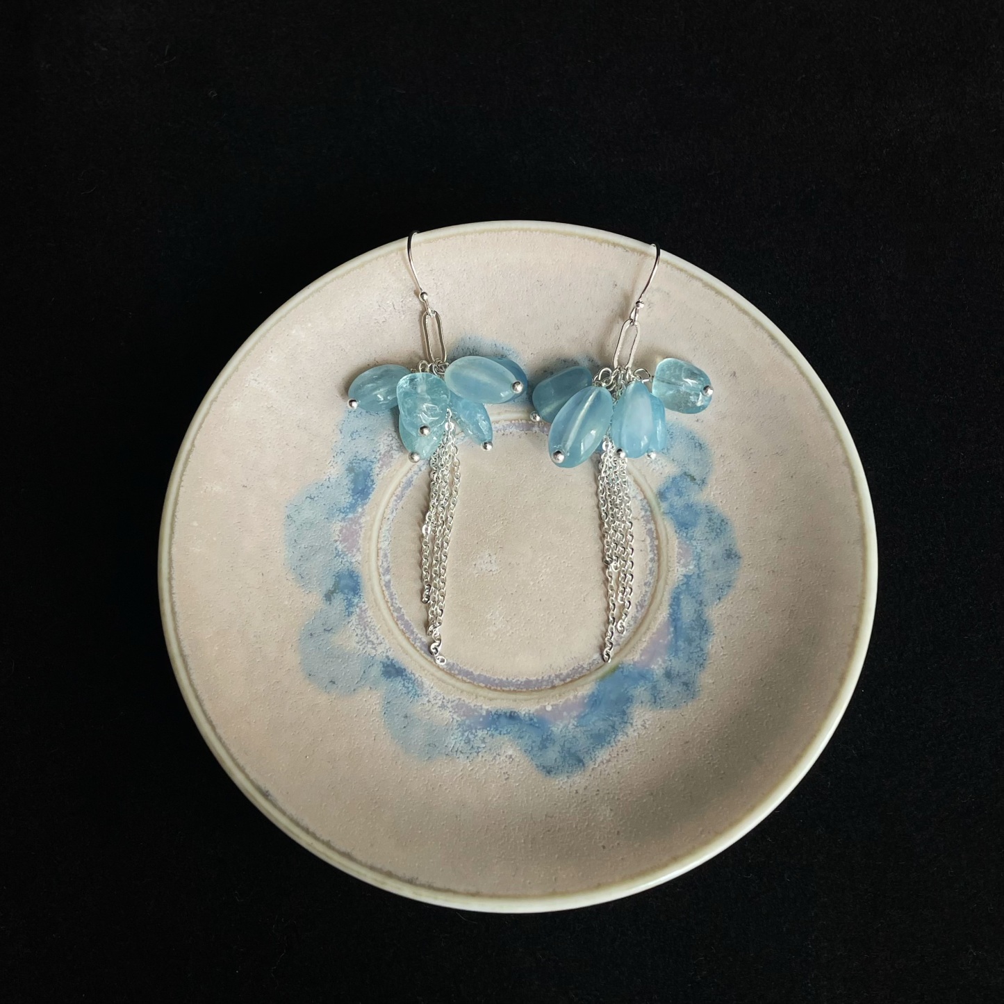 Aquamarine Cluster with Silver Chain Tassel Dangle Earrings Ocean-Inspired Design