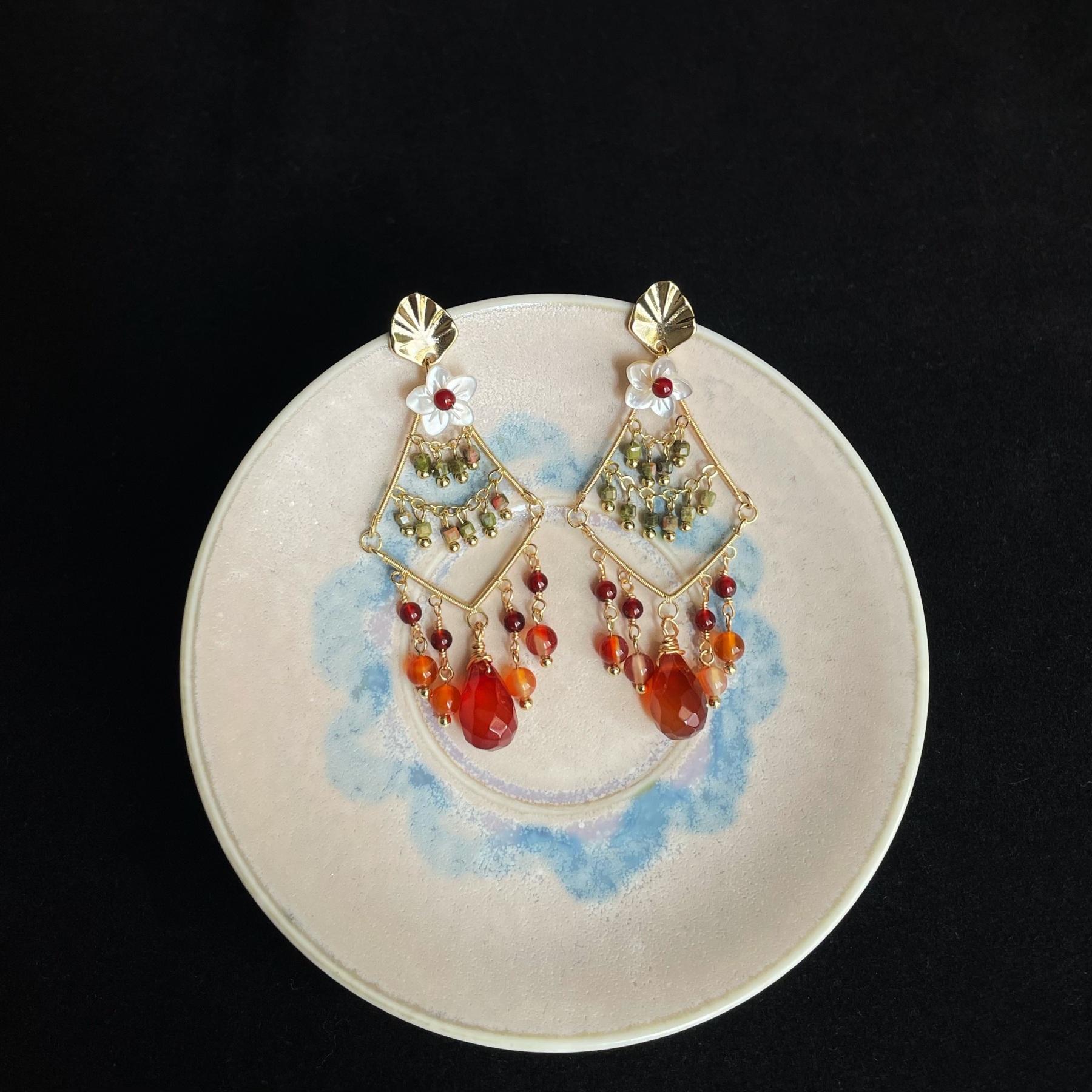 Tropical Dangle Earrings Shell Flower with Red Agate Core Unakite and Red Agate Drops