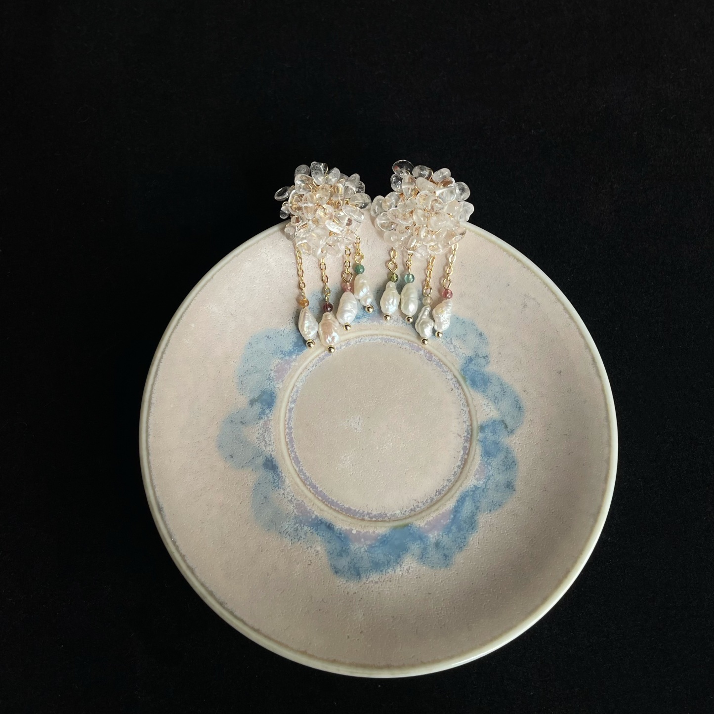 Handmade Misty Rain Earrings Clear Quartz Disc with Keshi Pearls and Tourmaline Dangles