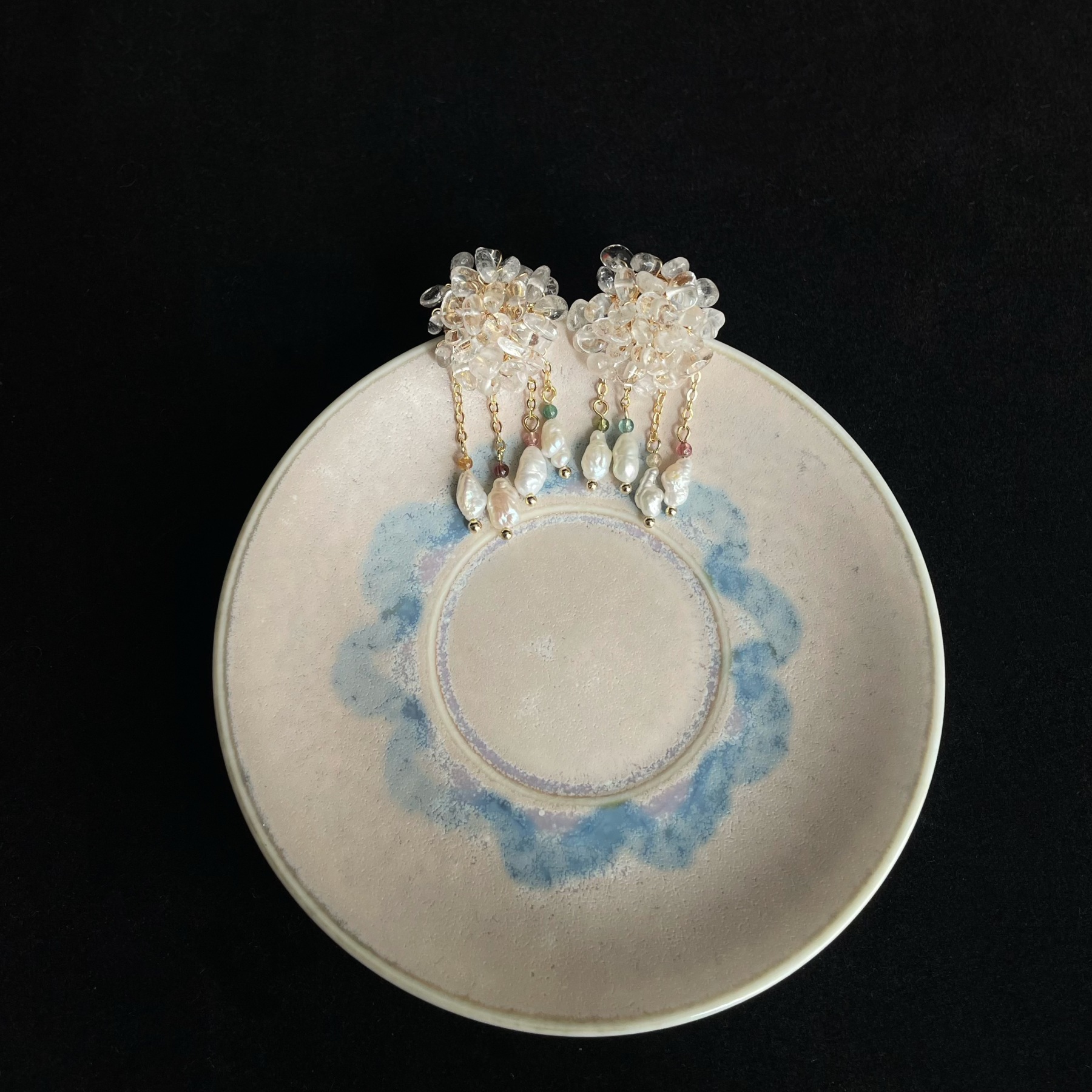 Handmade Misty Rain Earrings Clear Quartz Disc with Keshi Pearls and Tourmaline Dangles