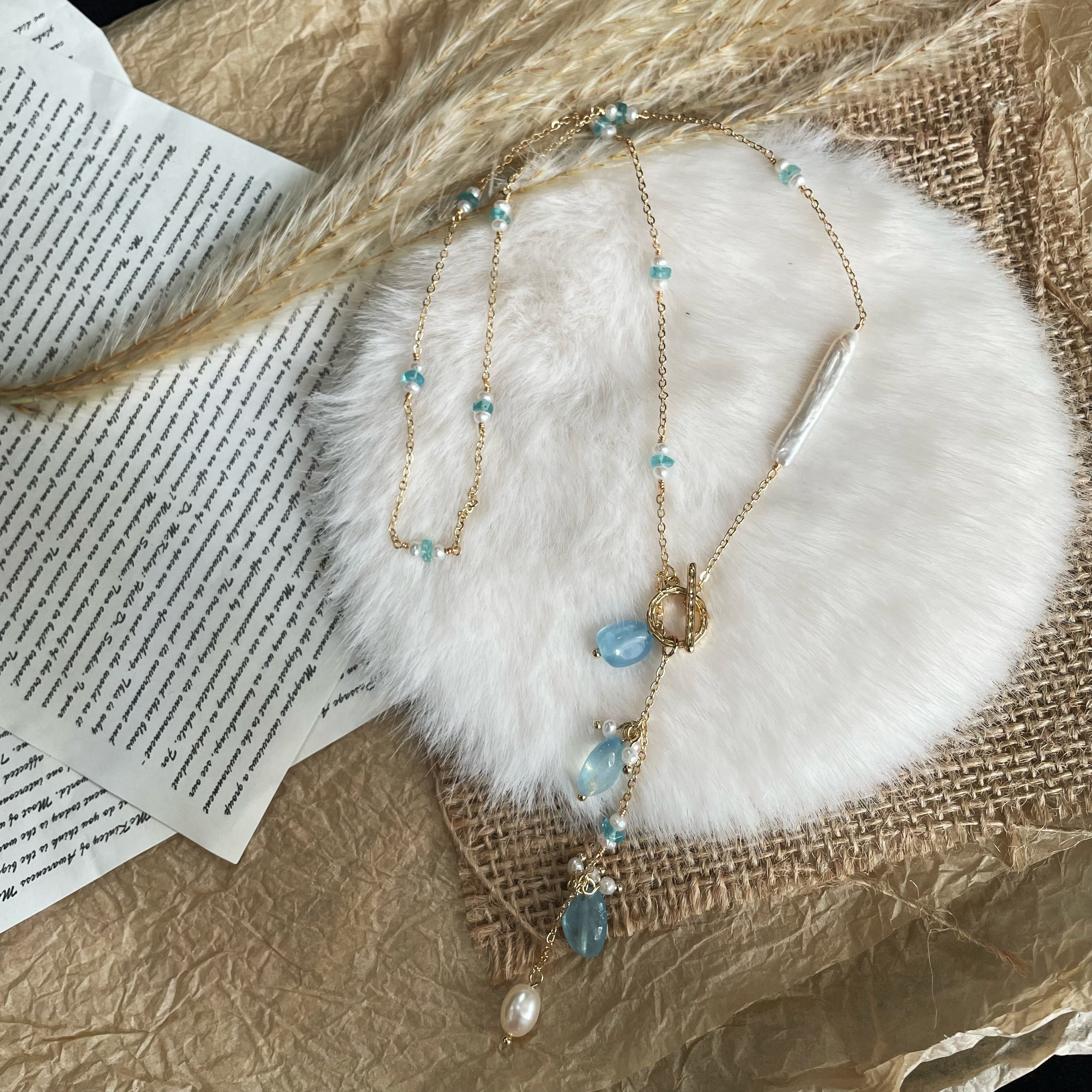 Handmade Y-Lariat Blue Apatite and Pearl Starry Sky Necklace with Aquamarine Drop