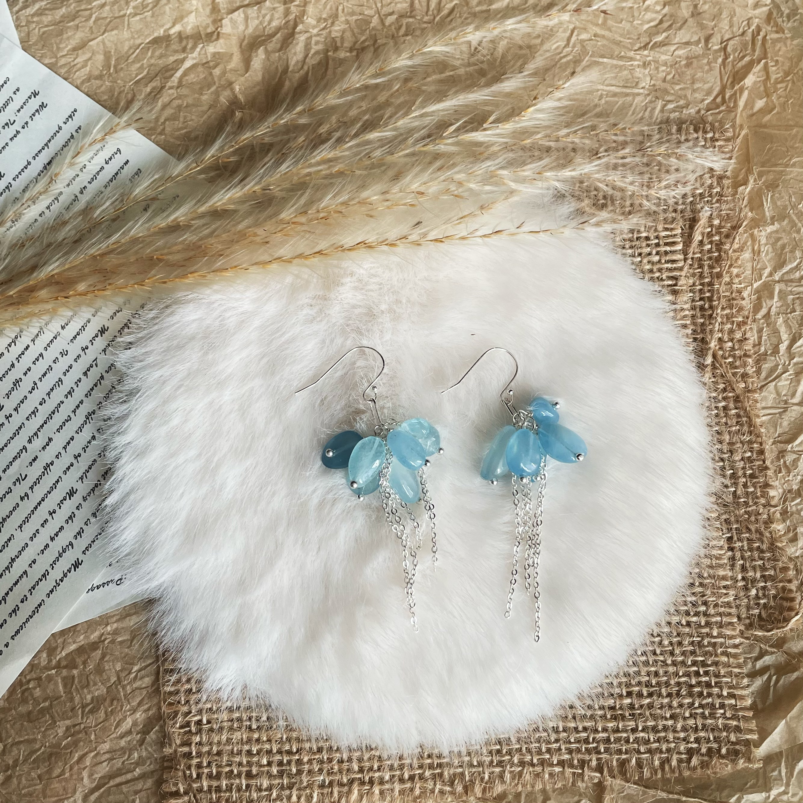 Aquamarine Cluster with Silver Chain Tassel Dangle Earrings Ocean-Inspired Design