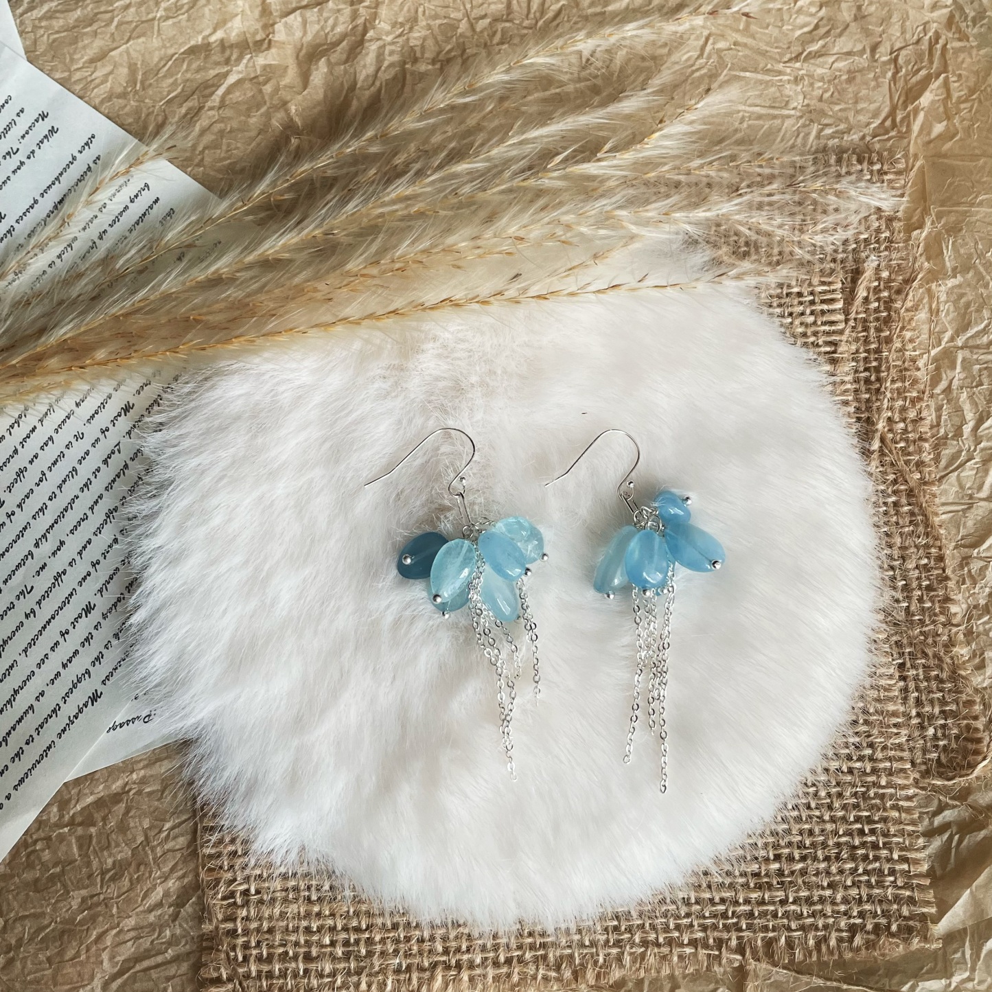 Aquamarine Cluster with Silver Chain Tassel Dangle Earrings Ocean-Inspired Design