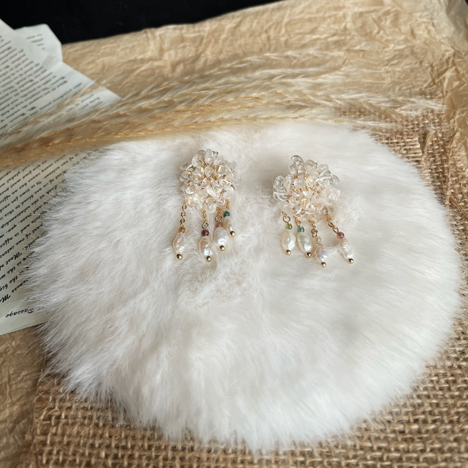 Handmade Misty Rain Earrings Clear Quartz Disc with Keshi Pearls and Tourmaline Dangles