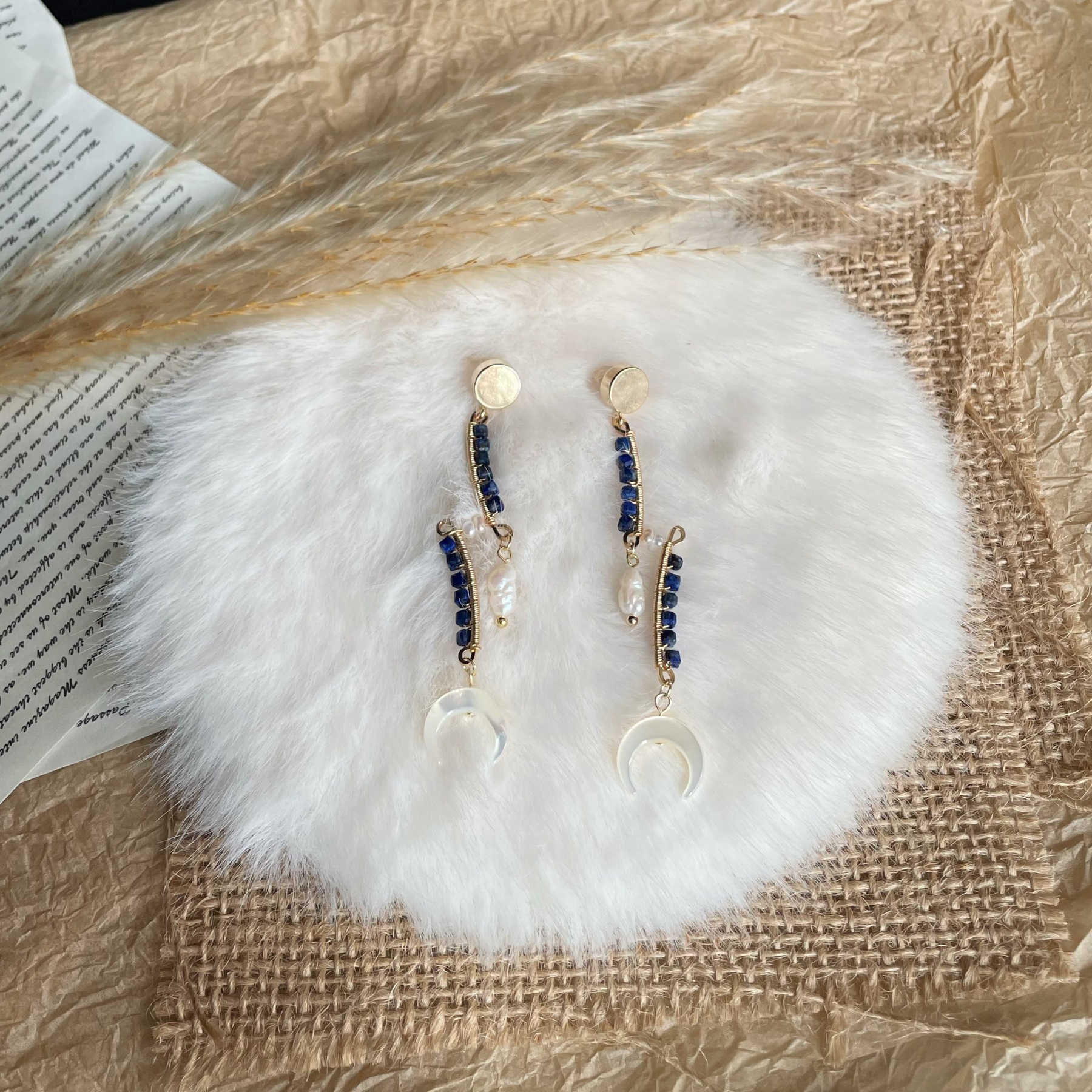 Lapis Lazuli with Pearl and Crescent Moon Dangle Earrings