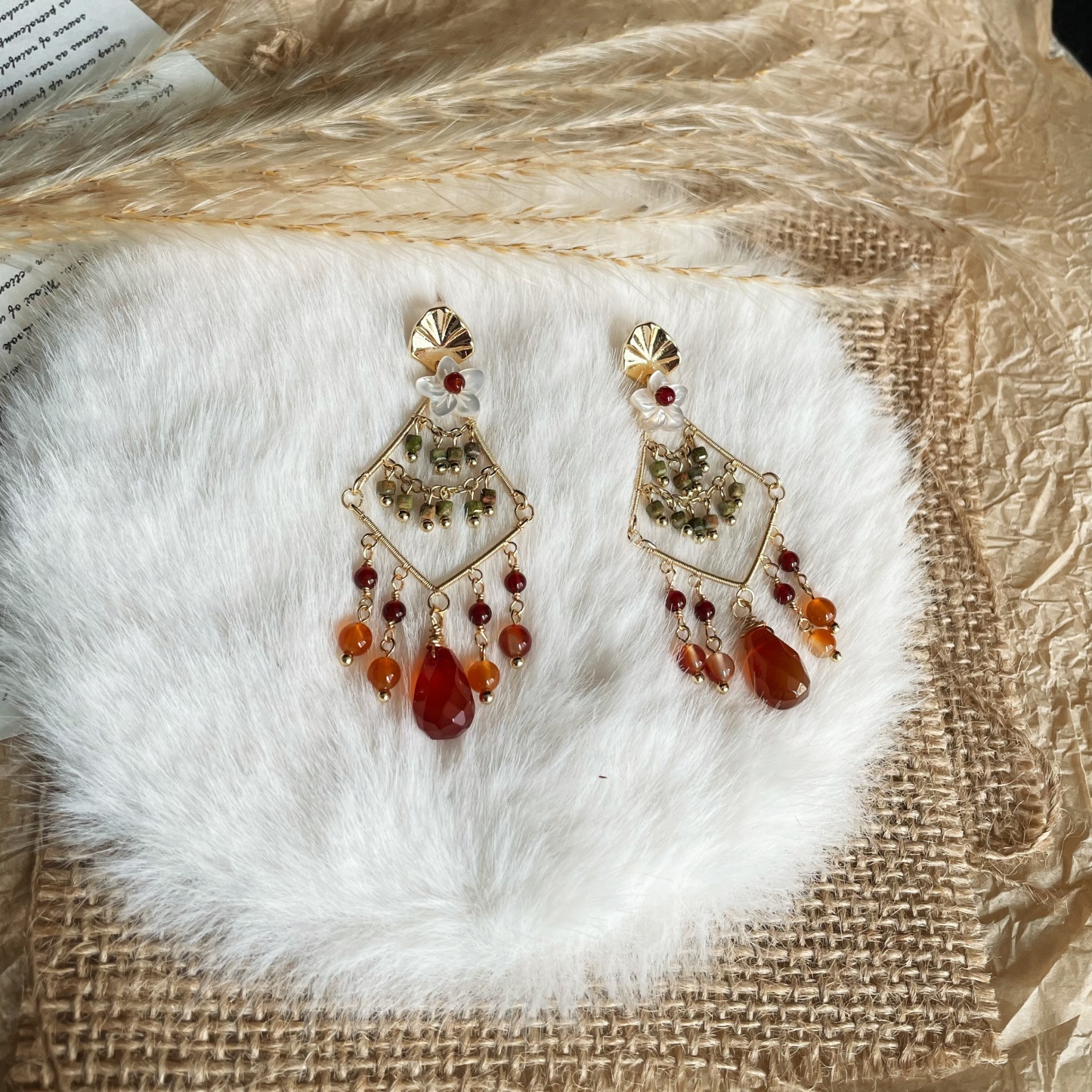 Tropical Dangle Earrings Shell Flower with Red Agate Core Unakite and Red Agate Drops