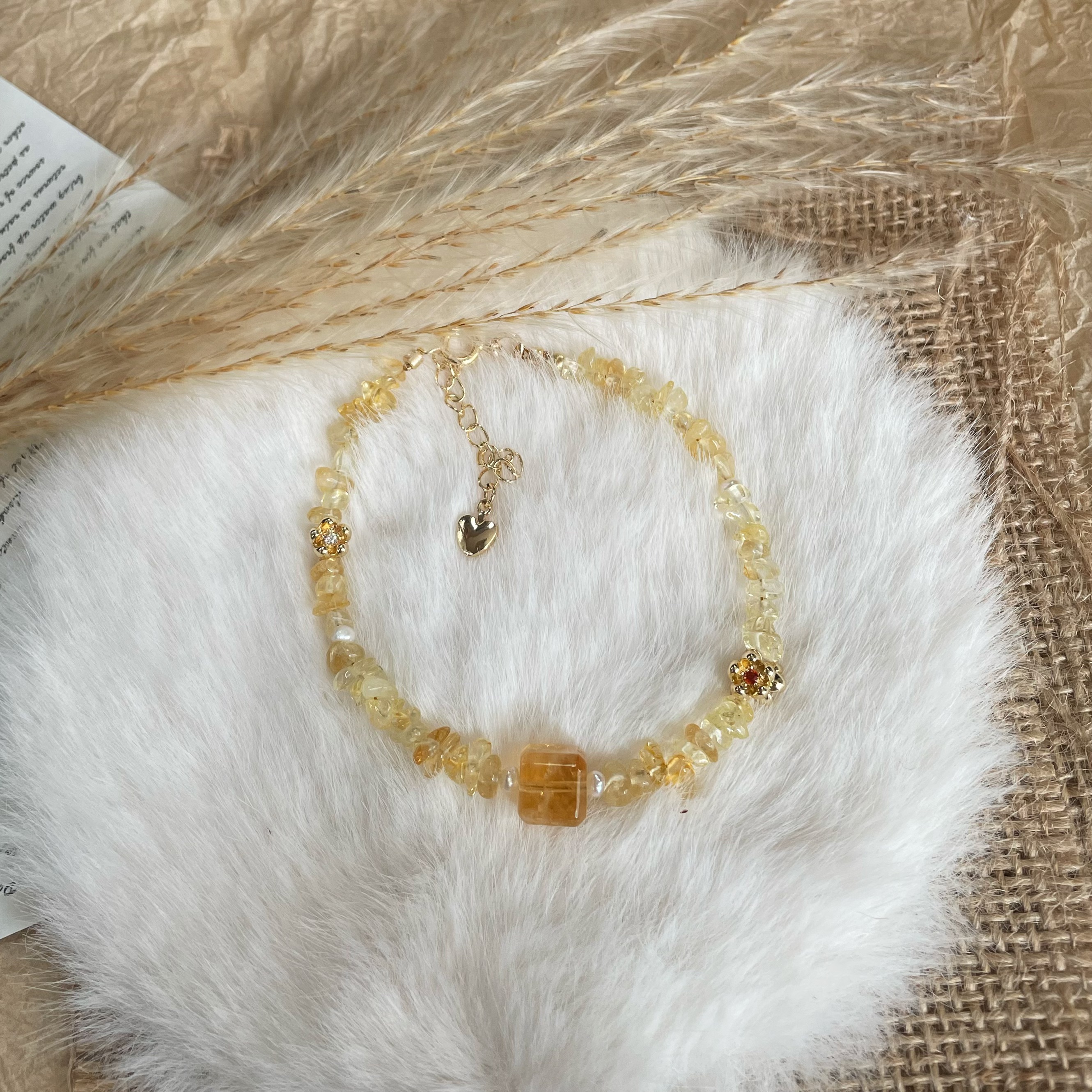 Handmade Golden Osmanthus Natural Citrine Bracelet with Little Flowers Charms 