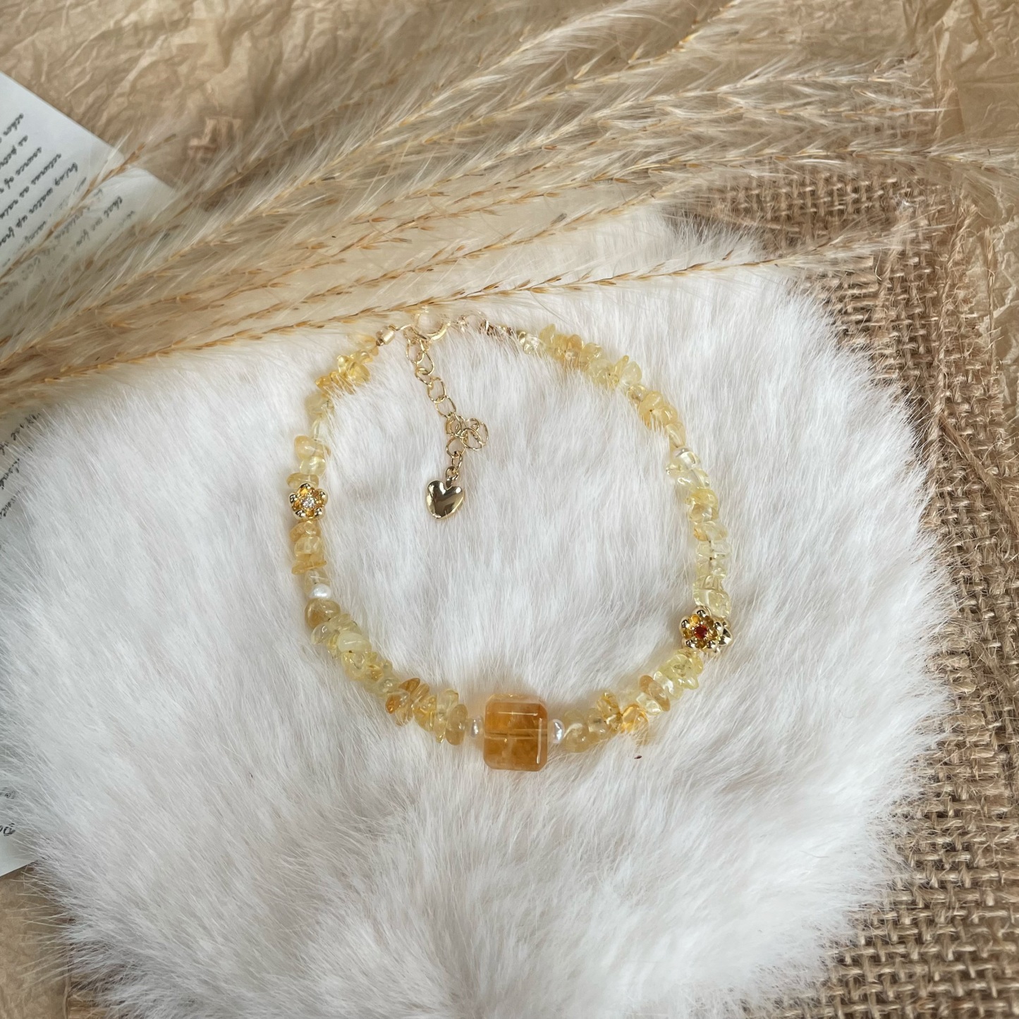 Handmade Golden Osmanthus Natural Citrine Bracelet with Little Flowers Charms 